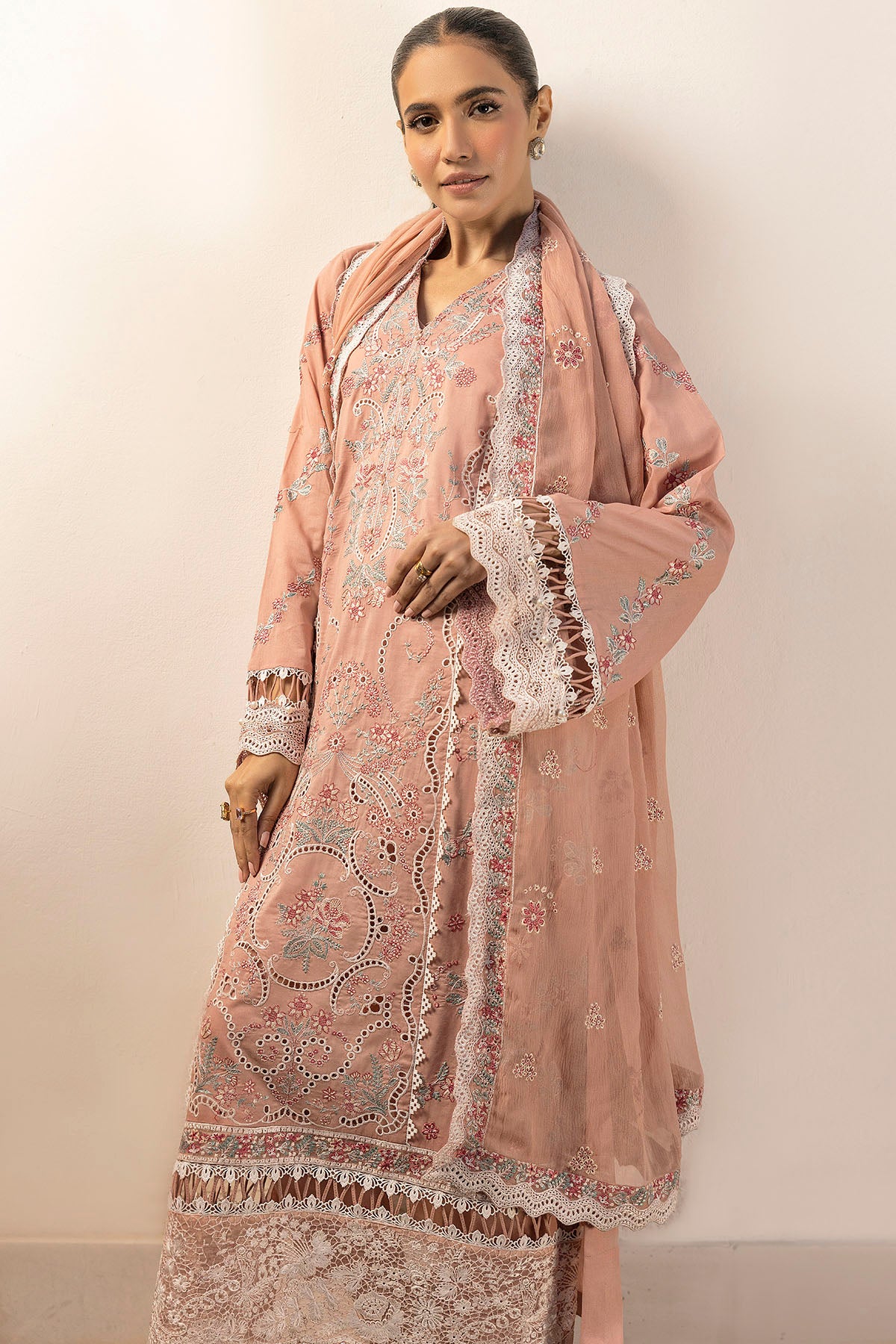 Peach Schiffli Embroidered Lawn 3-Piece Suit - Image 3