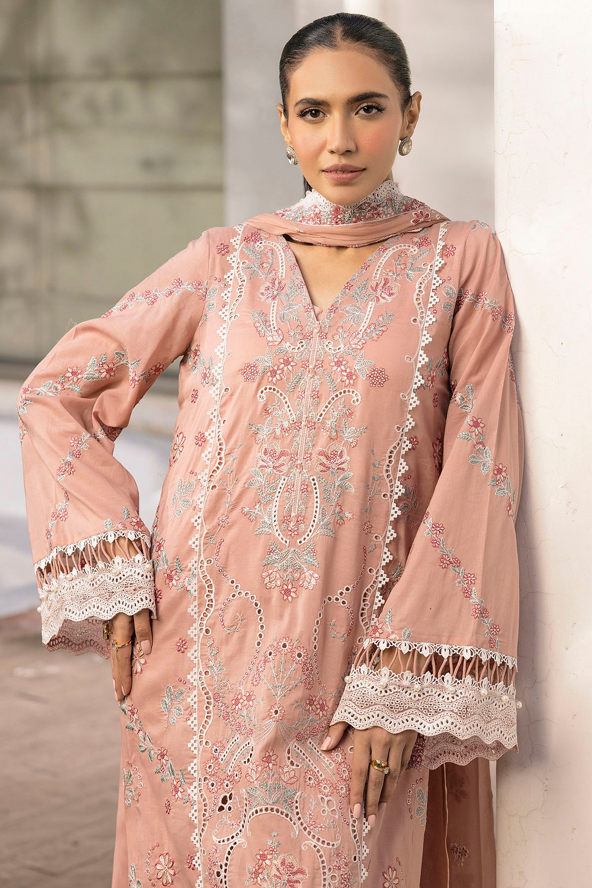 Peach Schiffli Embroidered Lawn 3-Piece Suit - Image 4