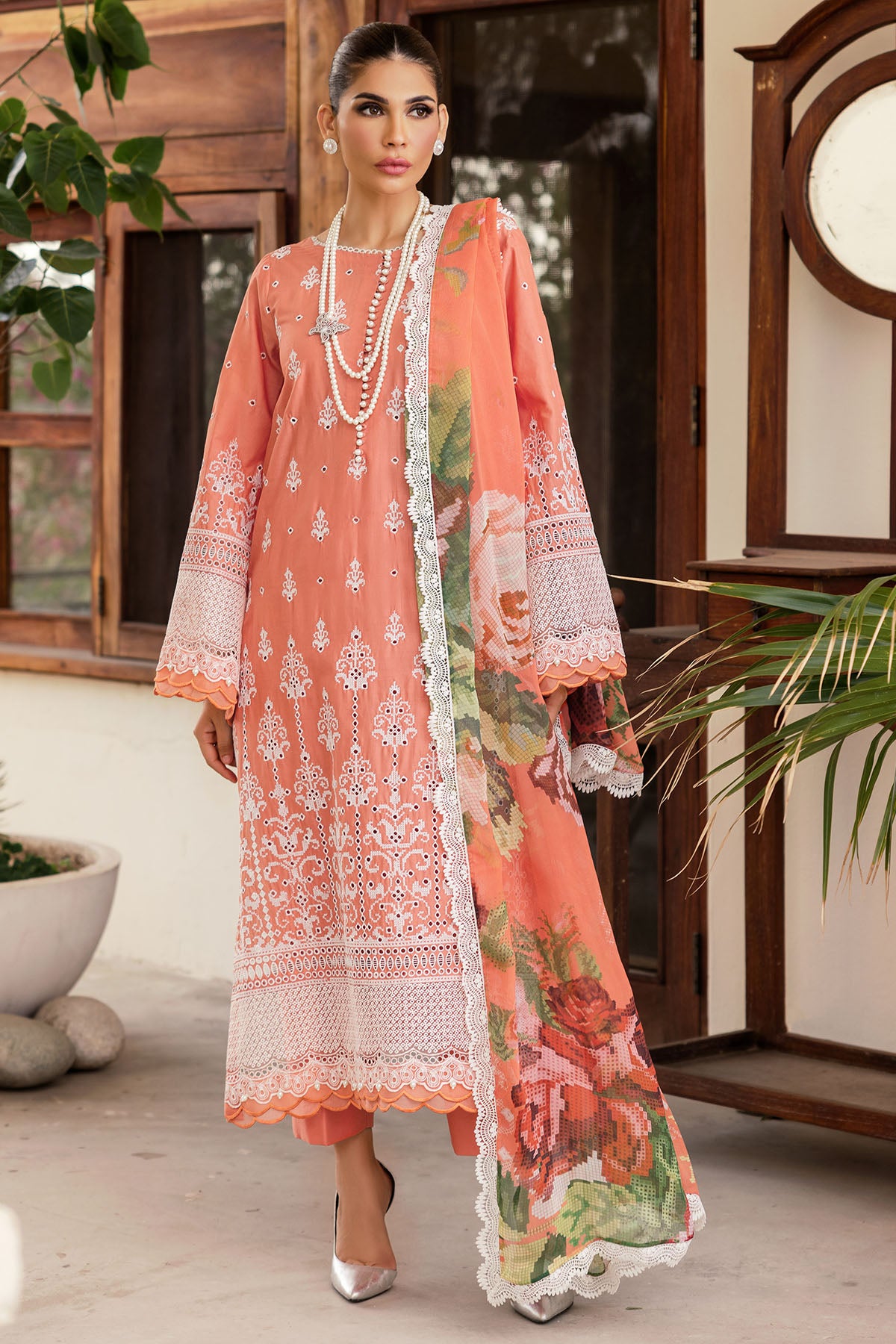 Pakistani Peach Schiffli Embroidered Lawn 3-Piece Suit - Image 2