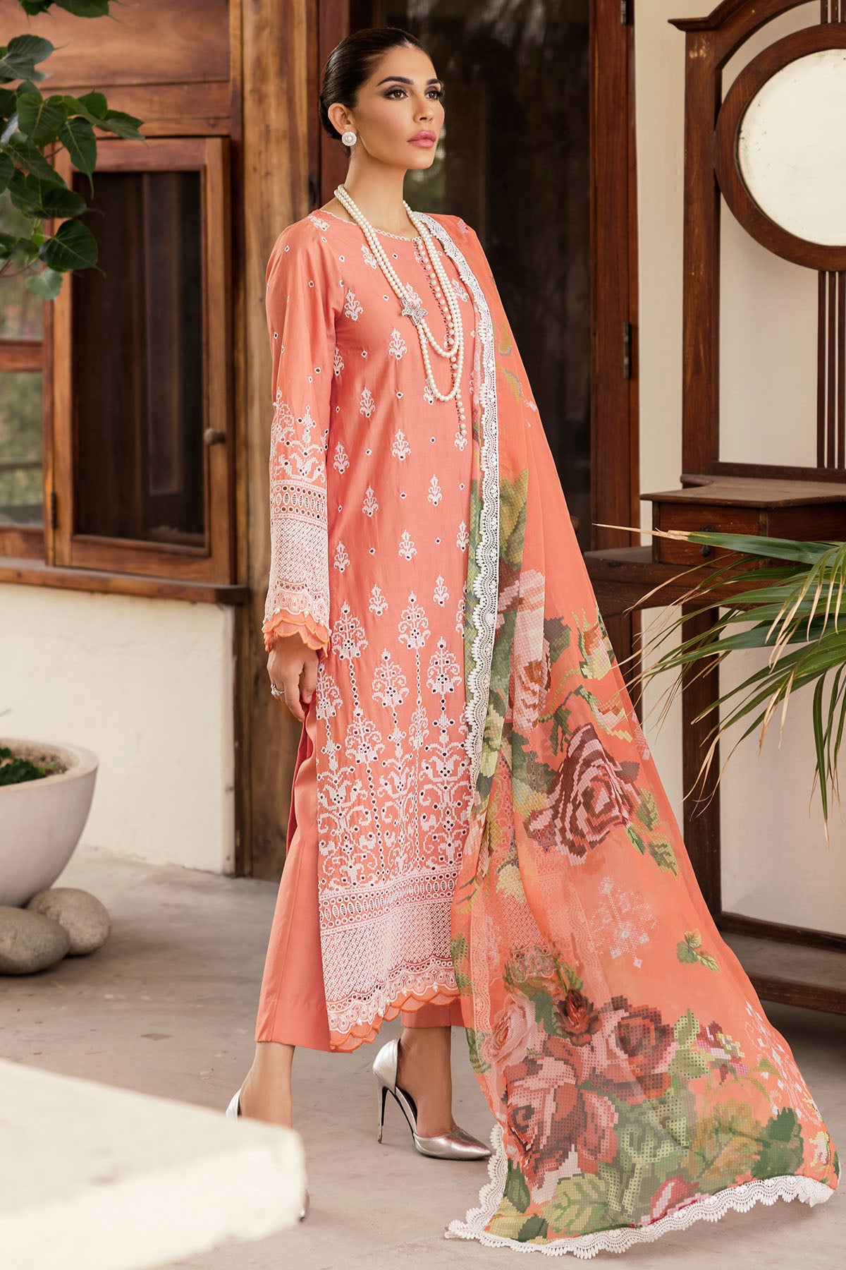 Pakistani Peach Schiffli Embroidered Lawn 3-Piece Suit - Image 4