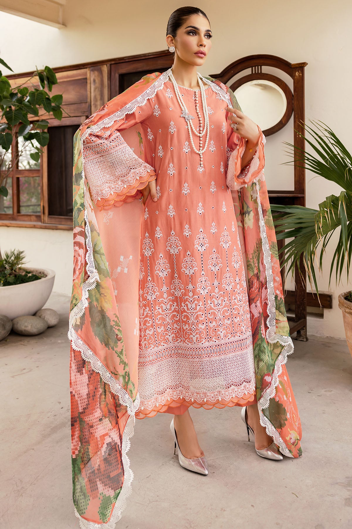 Pakistani Peach Schiffli Embroidered Lawn 3-Piece Suit - Image 5