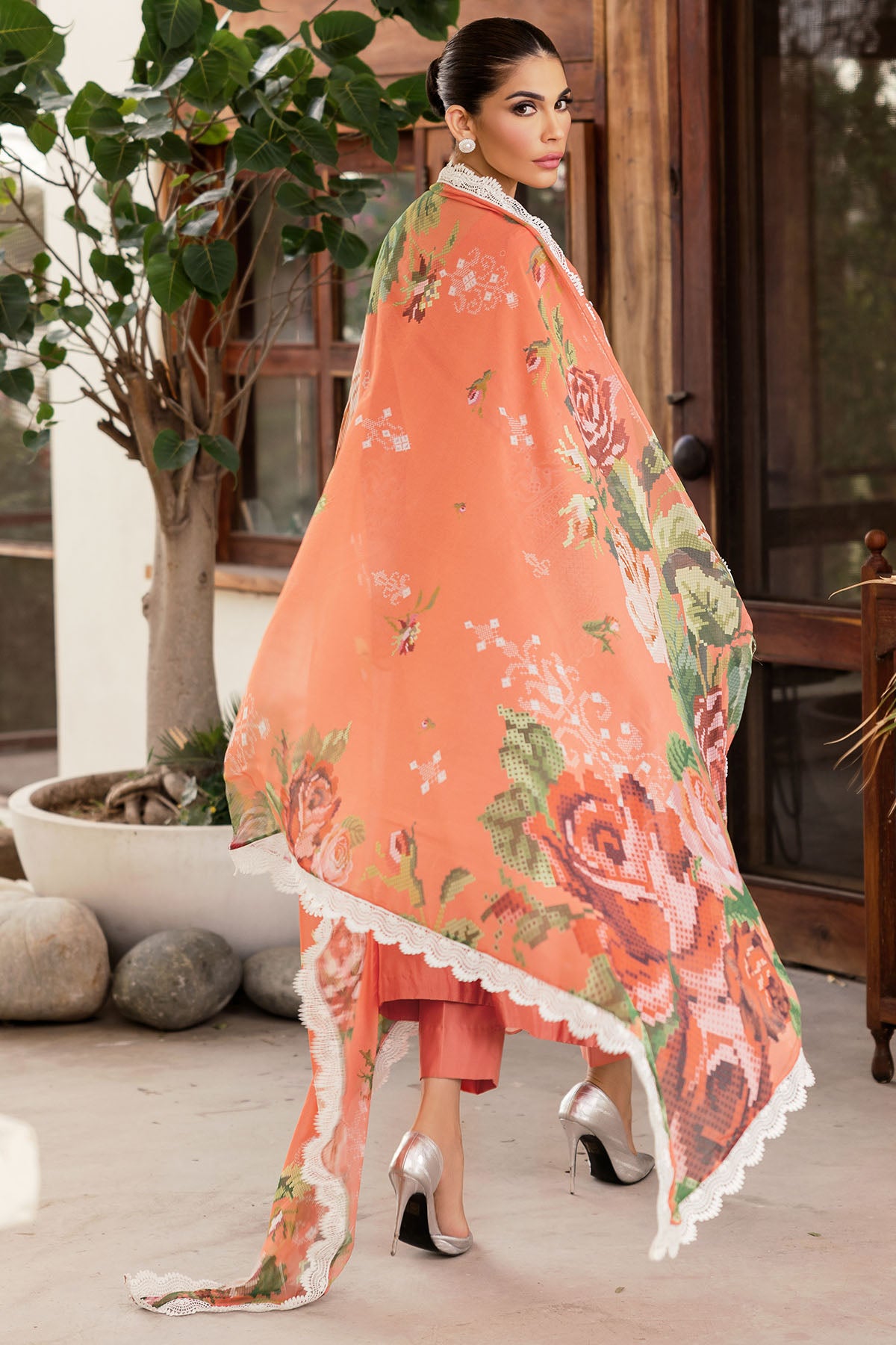 Pakistani Peach Schiffli Embroidered Lawn 3-Piece Suit - Image 6