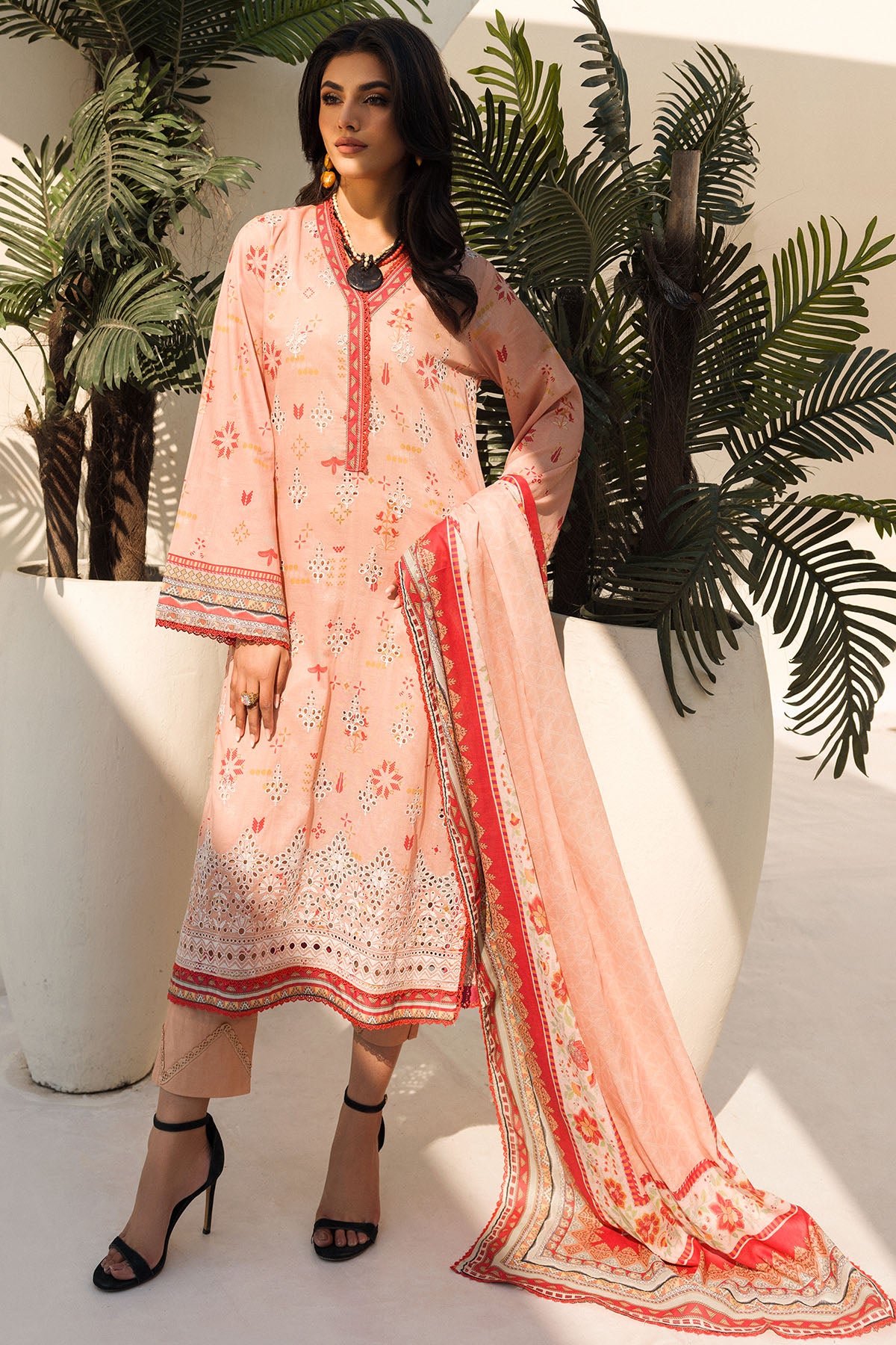 Peach Schiffli Embroidered Lawn Salwar Kameez (3-Piece) - Image 1