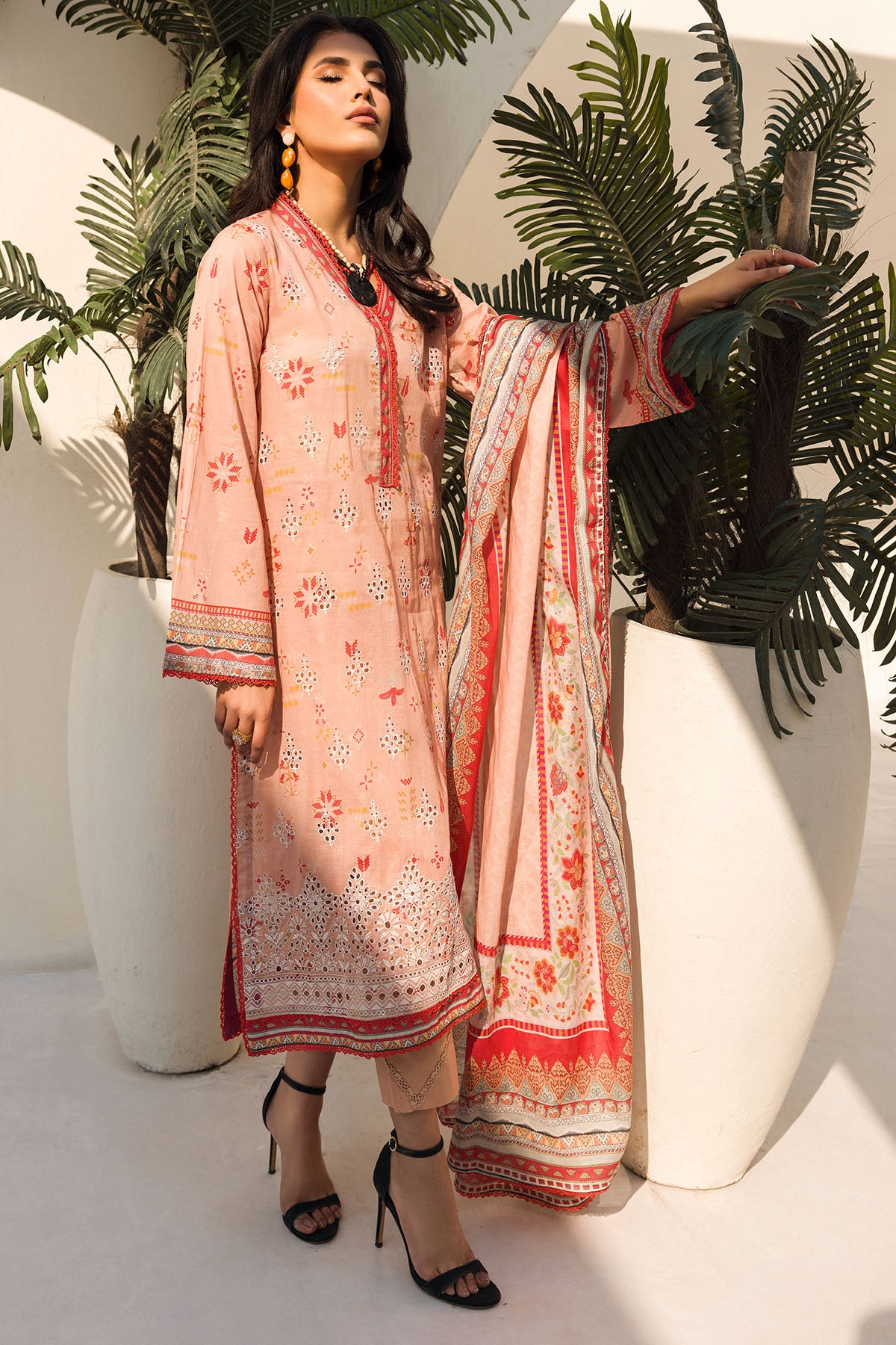 Peach Schiffli Embroidered Lawn Salwar Kameez (3-Piece) - Image 2