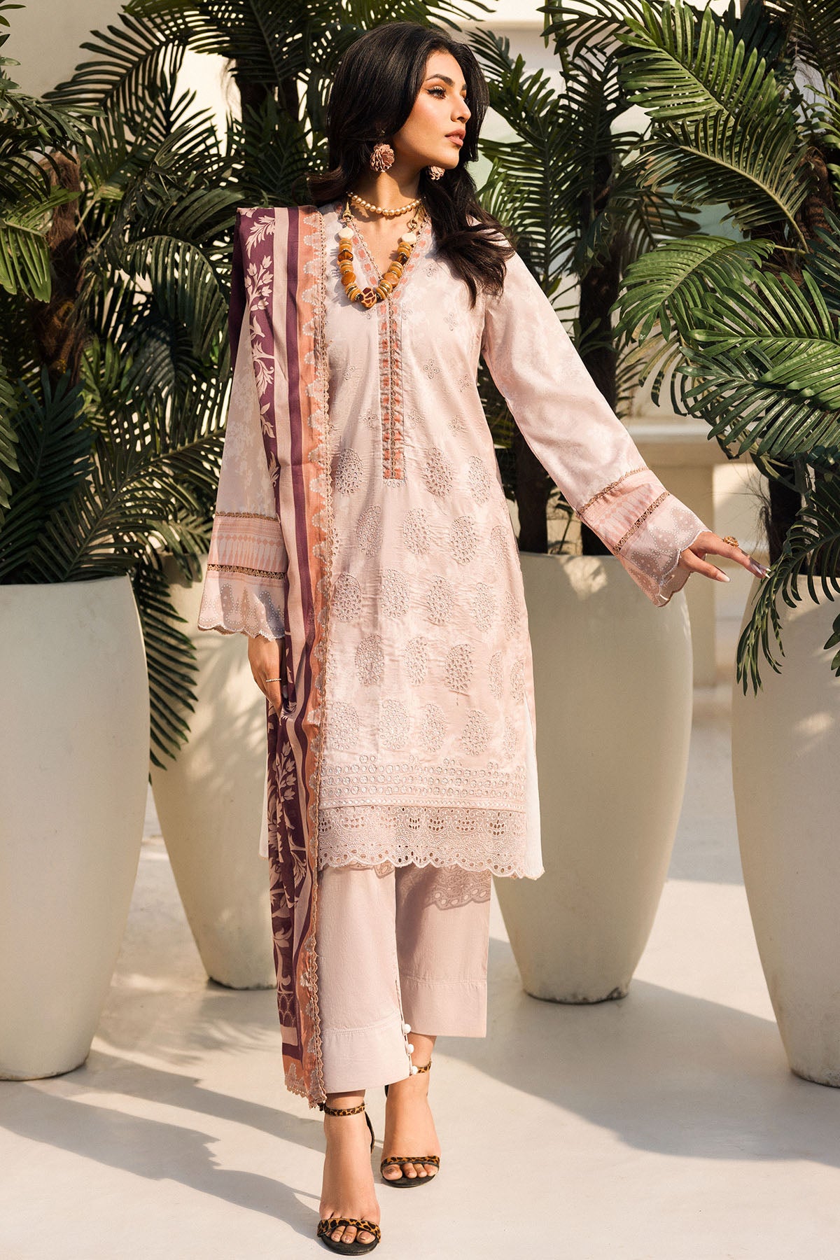 Pakistani Blush Pink Schiffli Embroidered Lawn 3-Piece Suit - Image 1