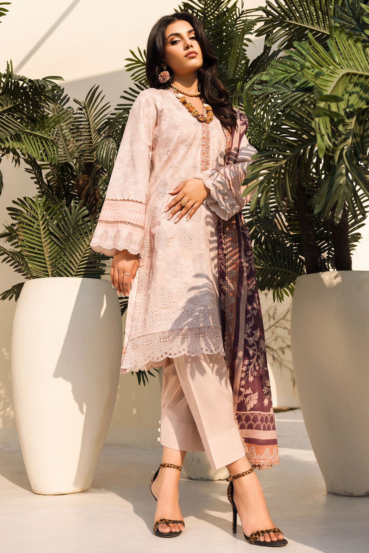 Pakistani Blush Pink Schiffli Embroidered Lawn 3-Piece Suit - Image 2