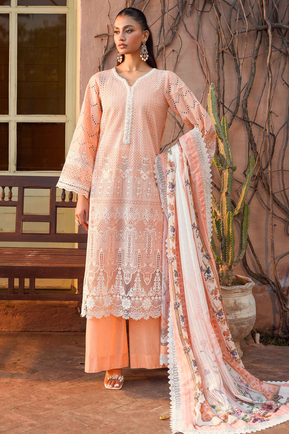 Pakistani Peach Schiffli Embroidered Lawn 3-Piece Suit - Image 1