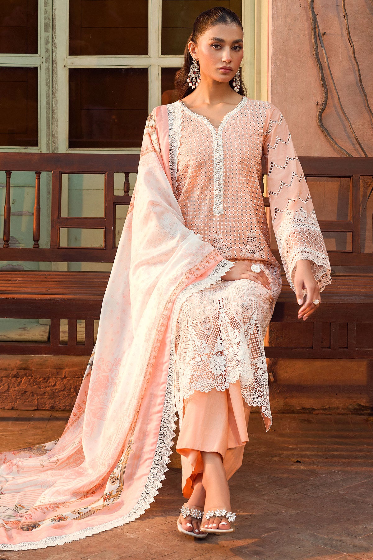 Pakistani Peach Schiffli Embroidered Lawn 3-Piece Suit - Image 2