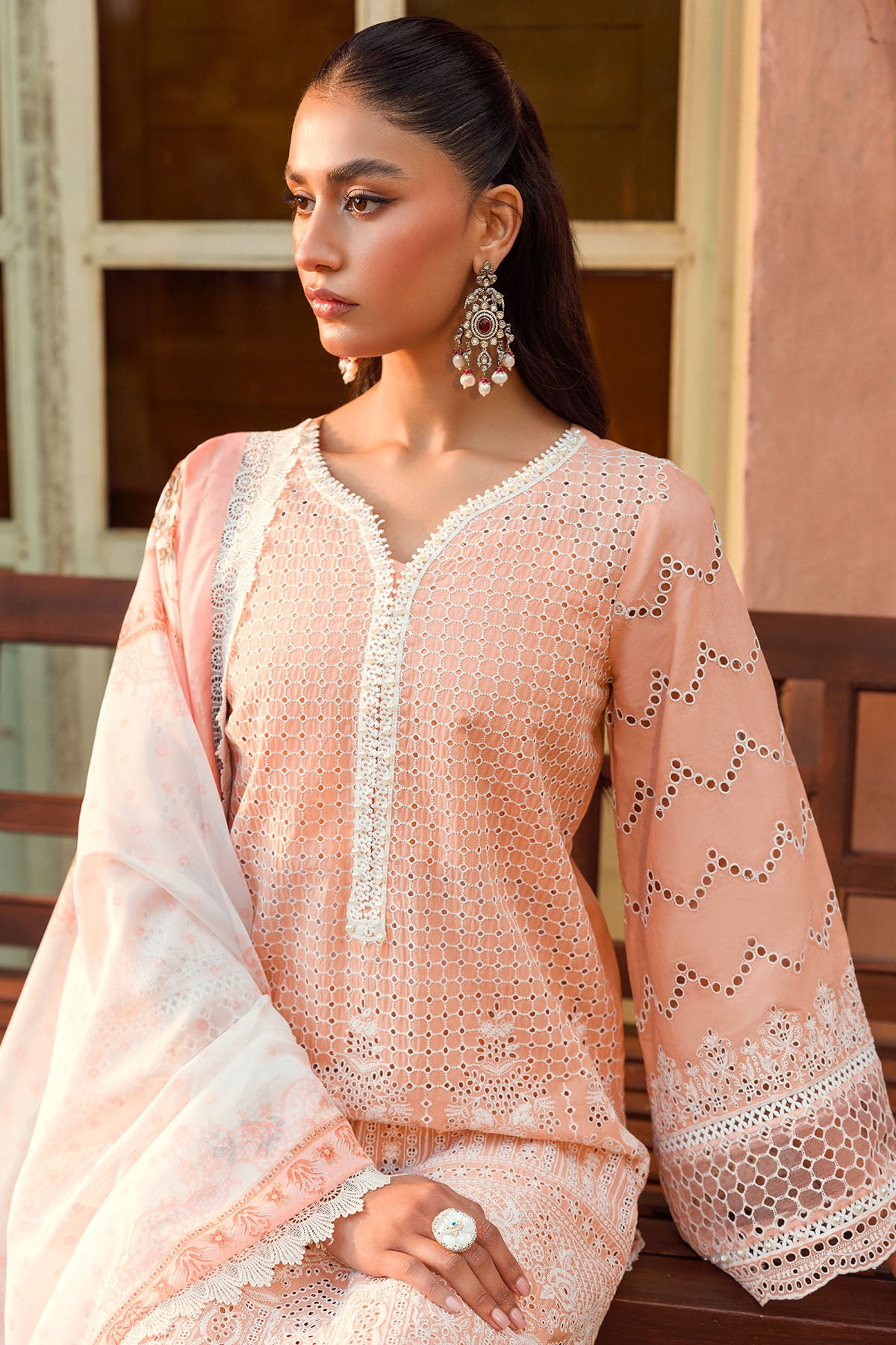 Pakistani Peach Schiffli Embroidered Lawn 3-Piece Suit - Image 3