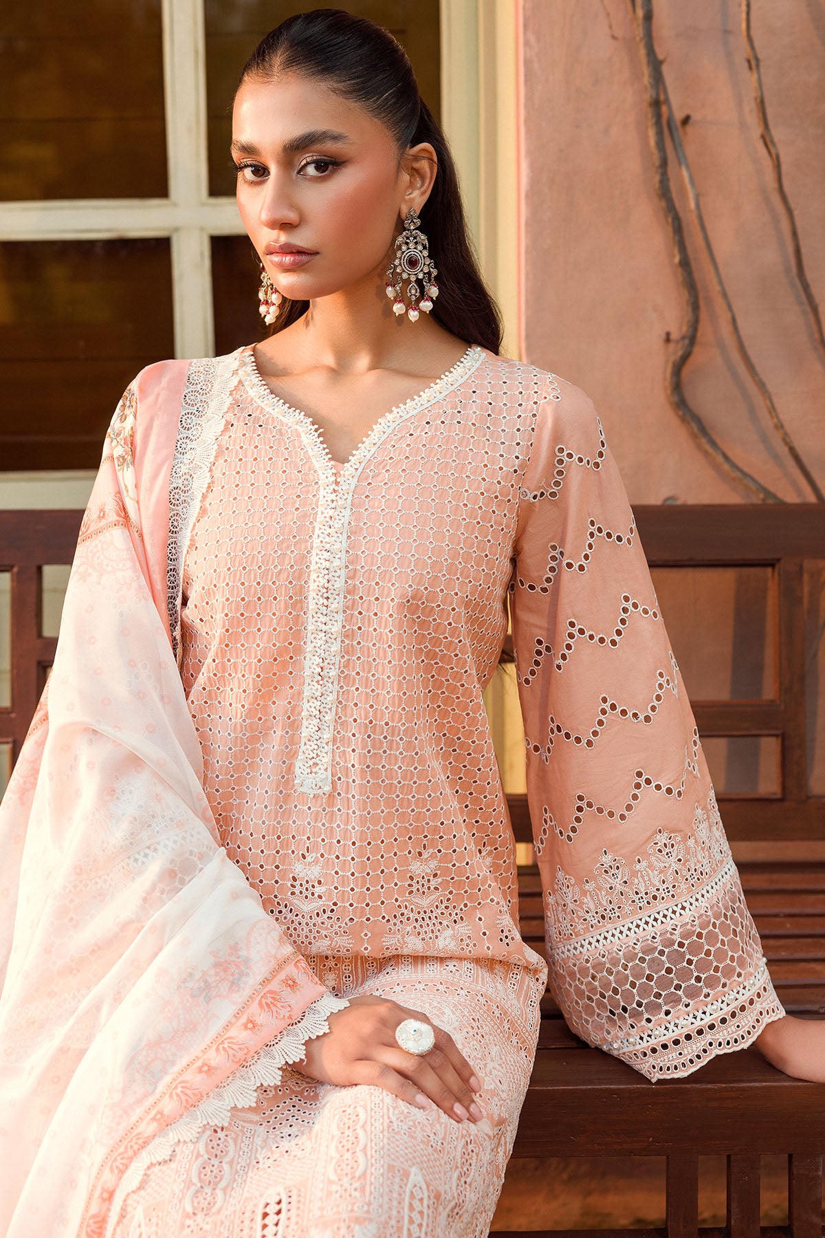 Pakistani Peach Schiffli Embroidered Lawn 3-Piece Suit - Image 4