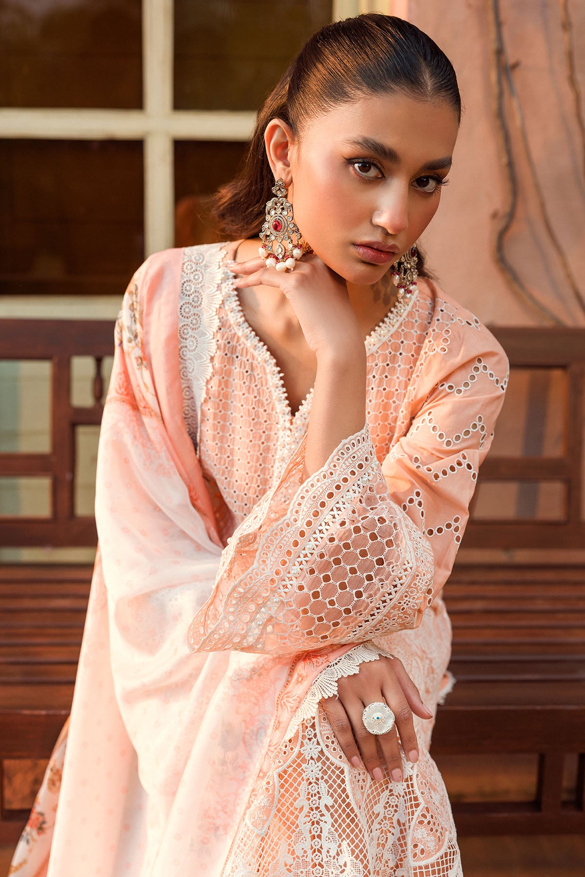Pakistani Peach Schiffli Embroidered Lawn 3-Piece Suit - Image 5
