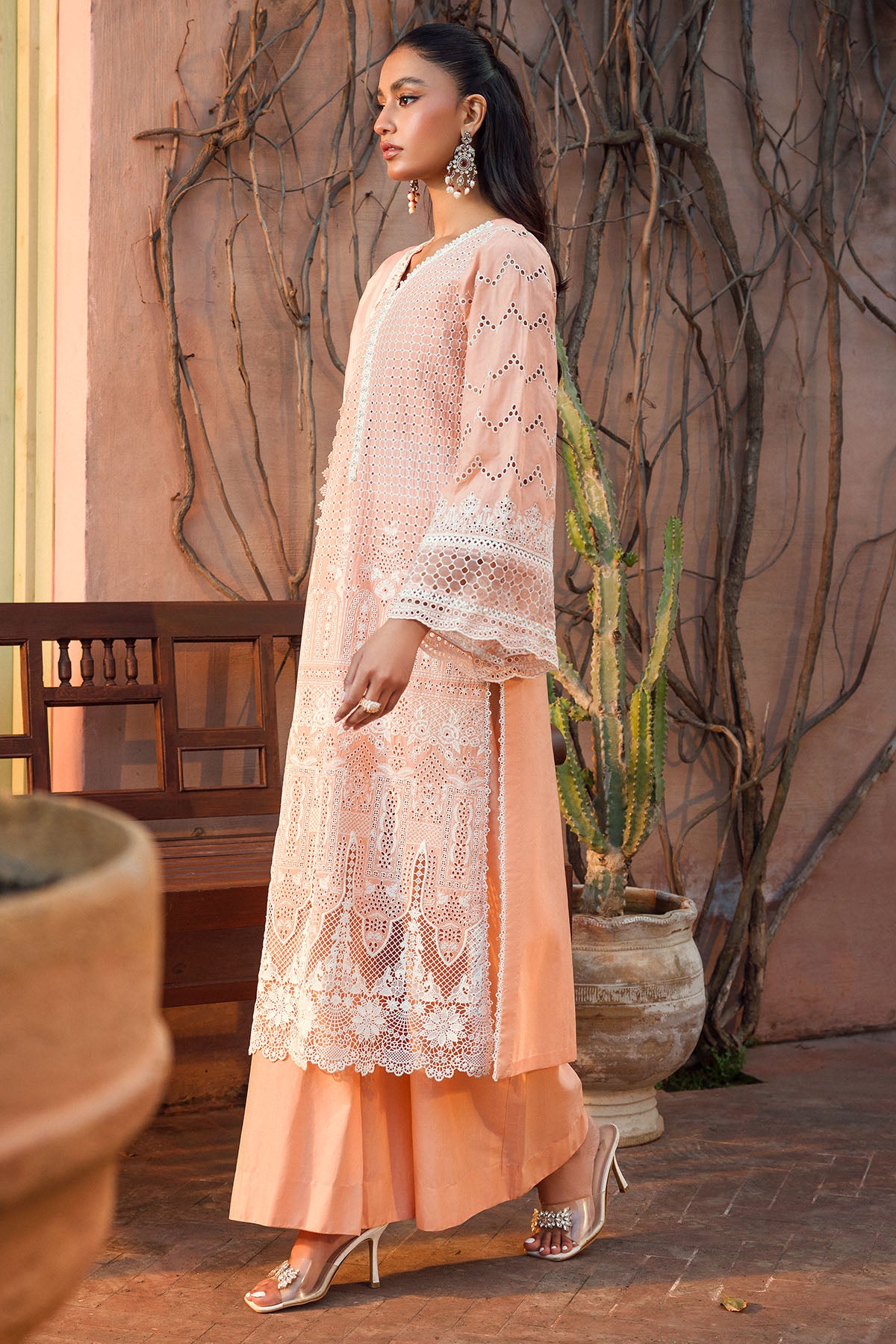 Pakistani Peach Schiffli Embroidered Lawn 3-Piece Suit - Image 6