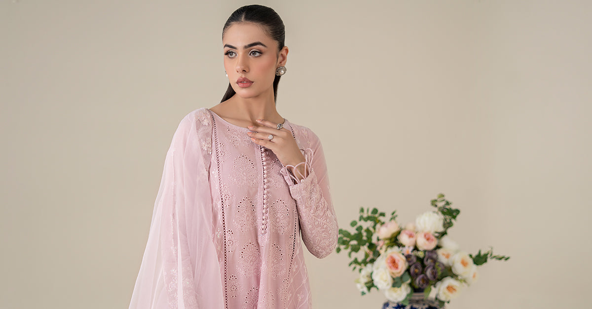 Pakistani Pink Embroidered Lawn Frock Suit (3-Piece) - Image 10
