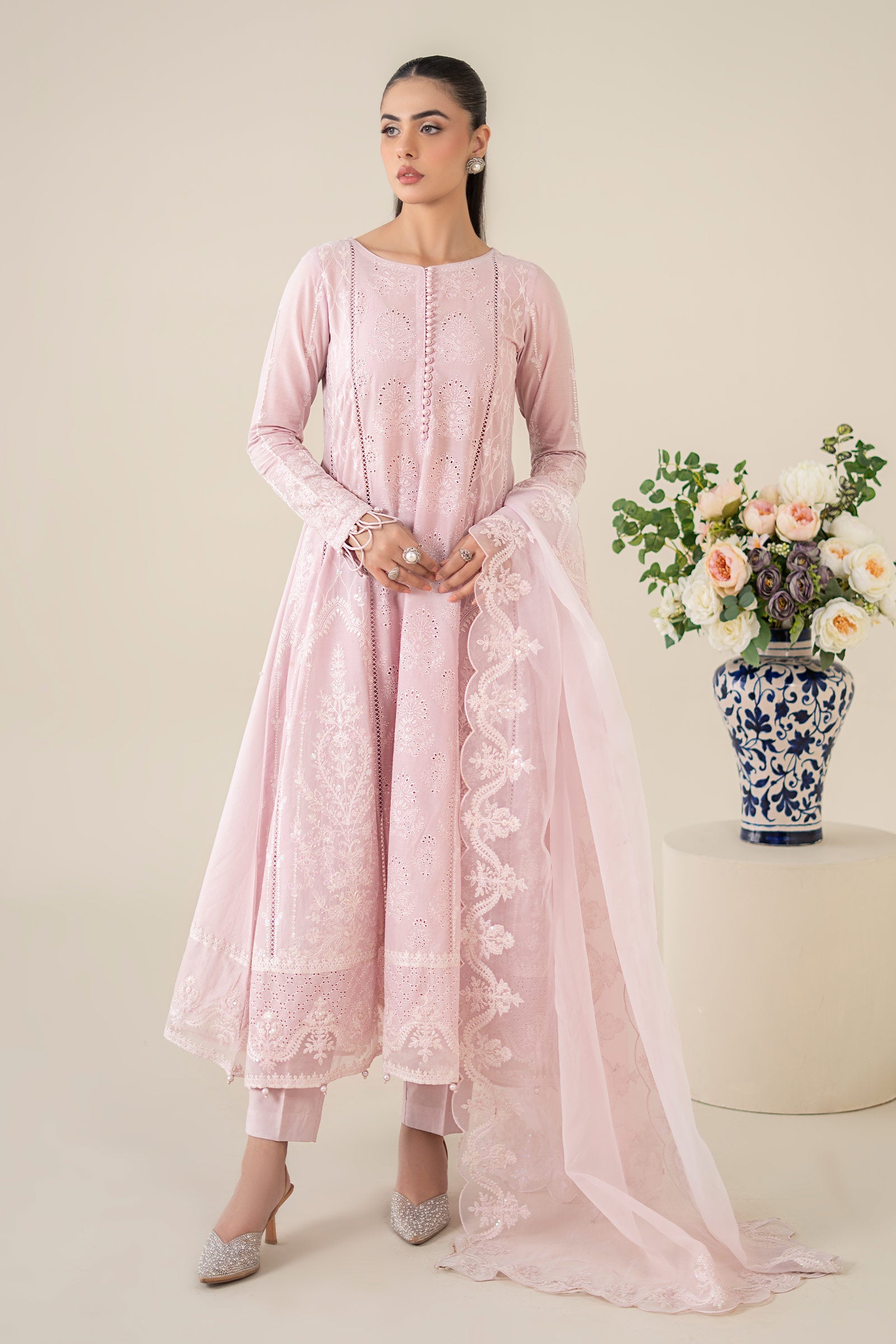 Pakistani Pink Embroidered Lawn Frock Suit (3-Piece) - Image 2
