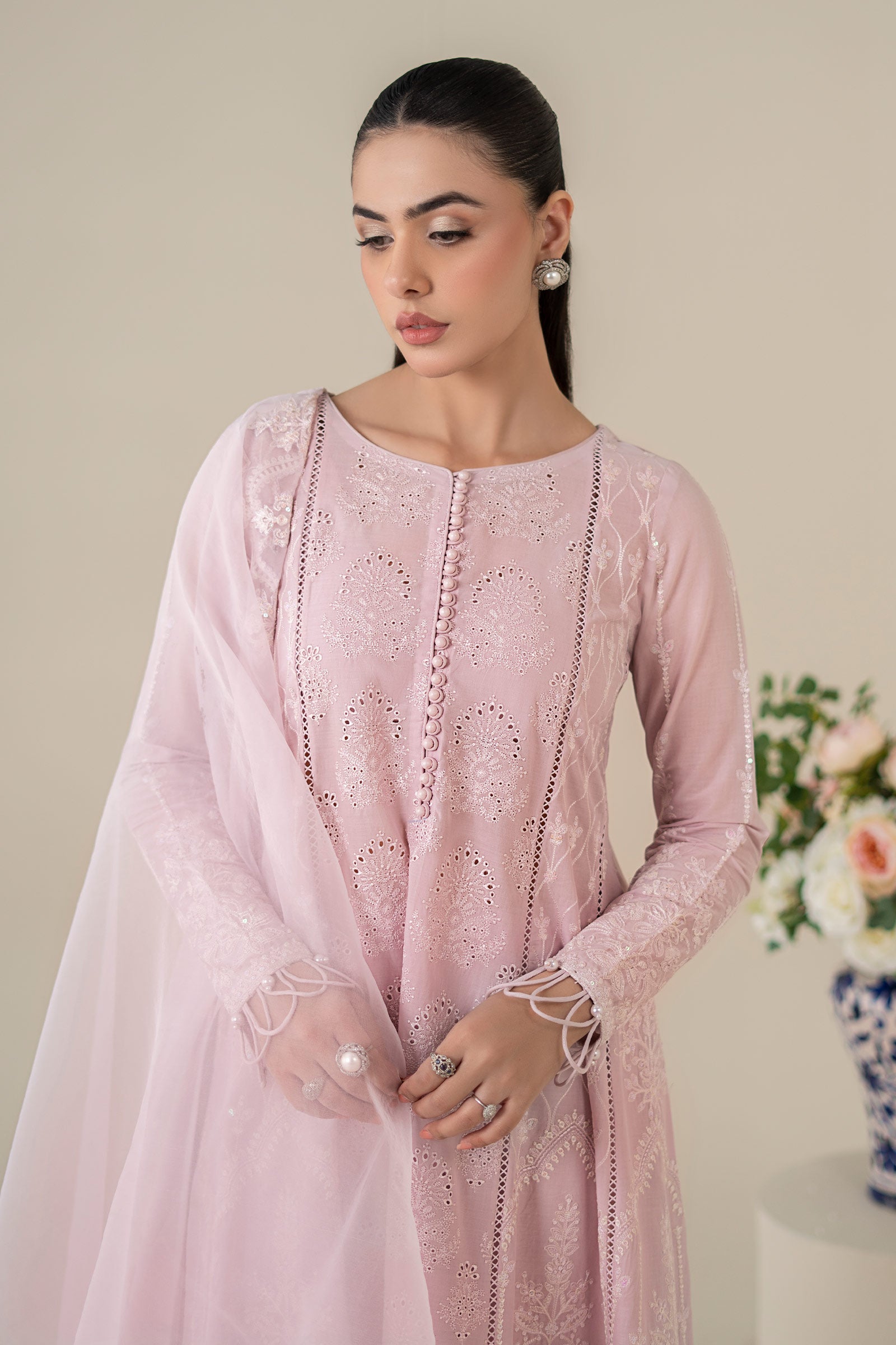 Pakistani Pink Embroidered Lawn Frock Suit (3-Piece) - Image 3