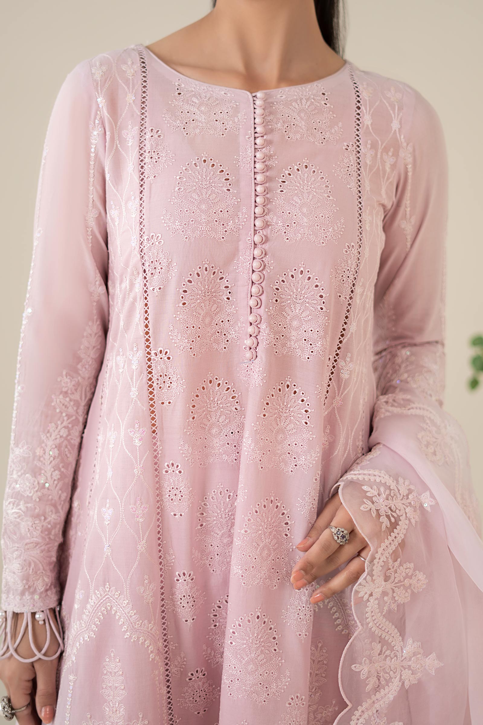 Pakistani Pink Embroidered Lawn Frock Suit (3-Piece) - Image 4
