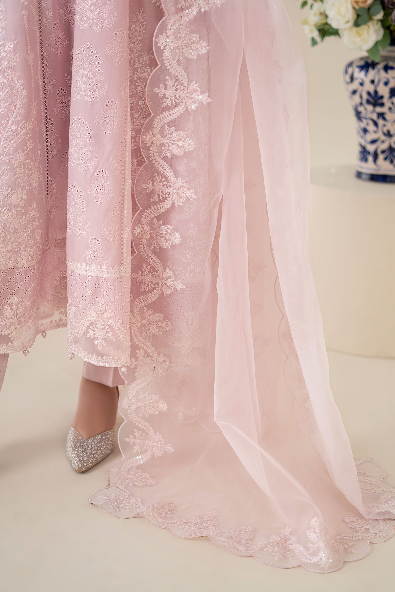 Pakistani Pink Embroidered Lawn Frock Suit (3-Piece) - Image 5