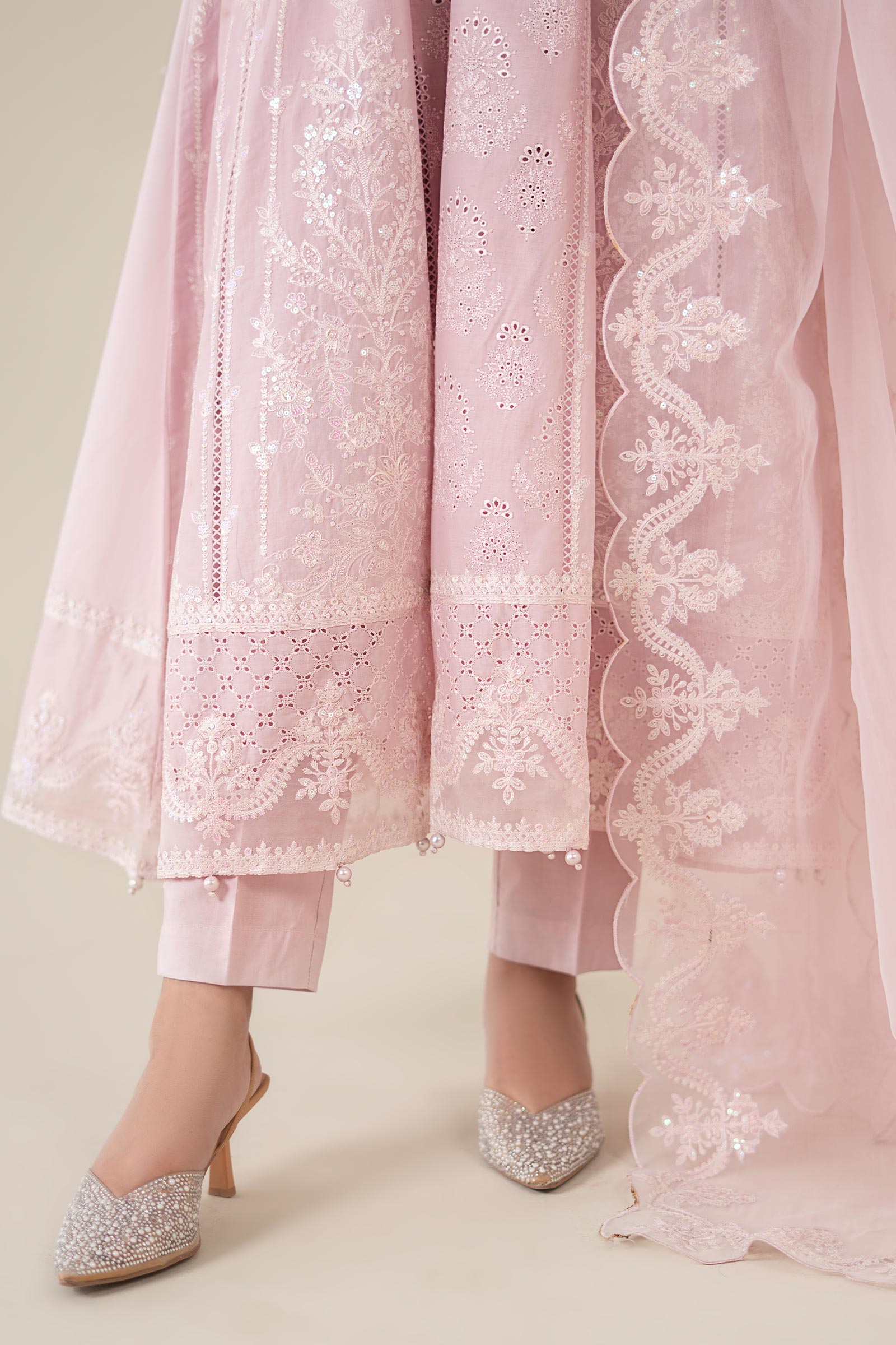 Pakistani Pink Embroidered Lawn Frock Suit (3-Piece) - Image 6