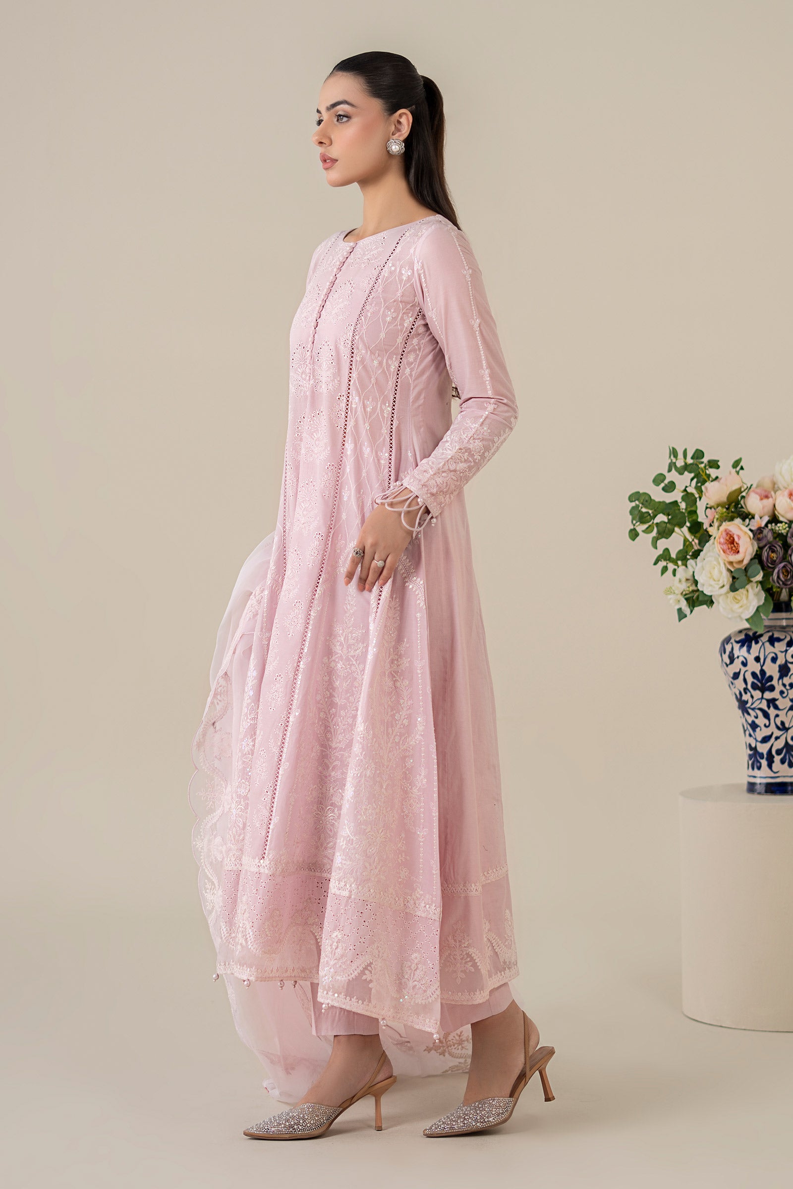 Pakistani Pink Embroidered Lawn Frock Suit (3-Piece) - Image 8