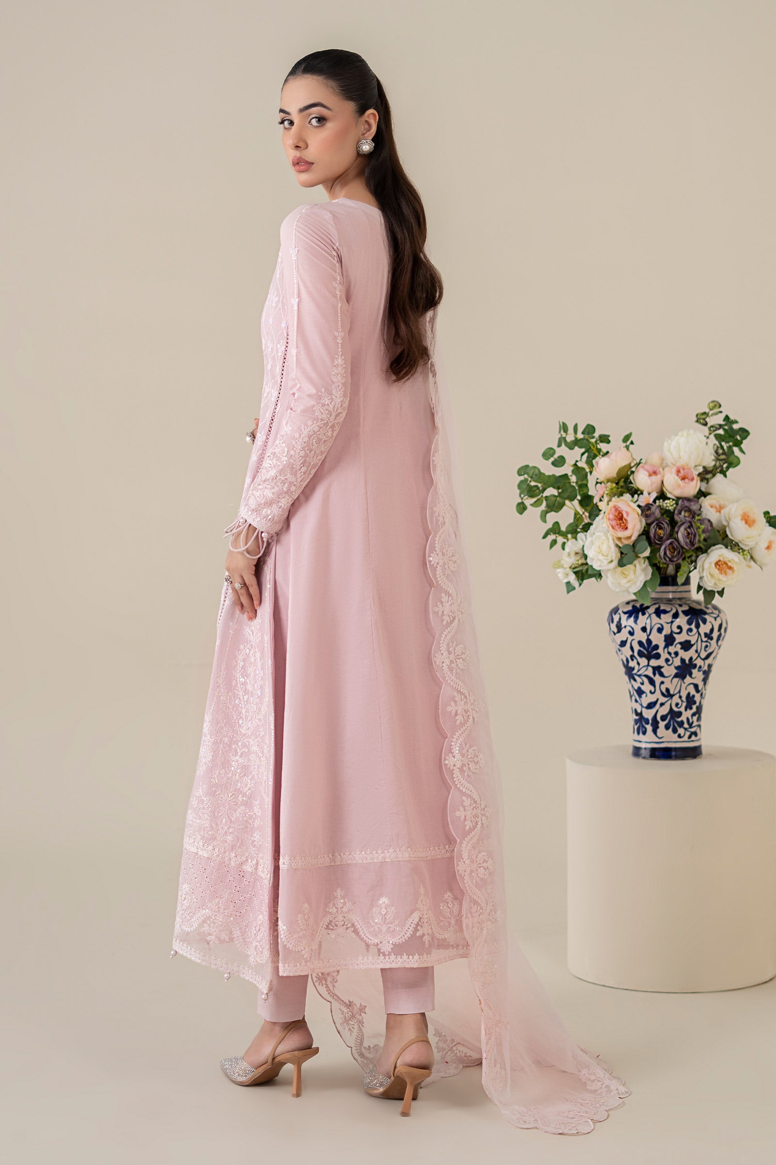 Pakistani Pink Embroidered Lawn Frock Suit (3-Piece) - Image 9
