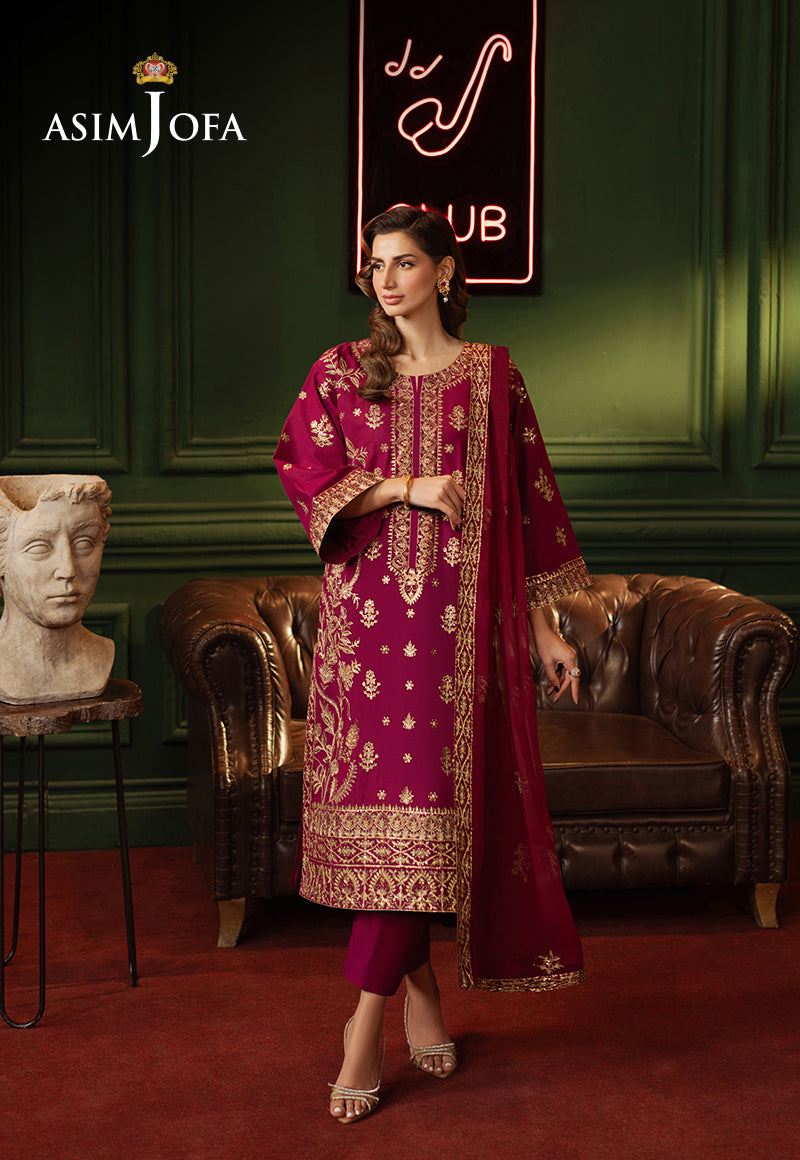 Pakistani Magenta Embroidered Lawn Silk Salwar Kameez (3-Piece) - Image 1