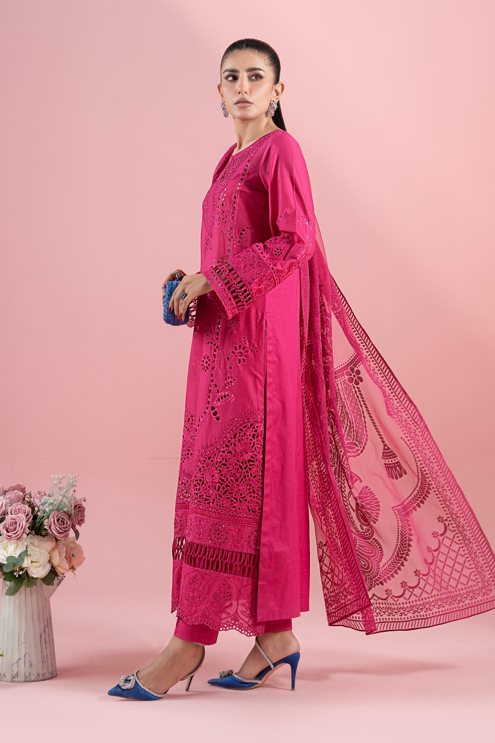 Pink Embroidered Lawn 3-Piece Salwar Kameez - Image 12