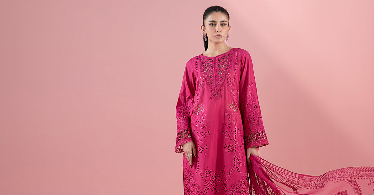 Pink Embroidered Lawn 3-Piece Salwar Kameez - Image 8