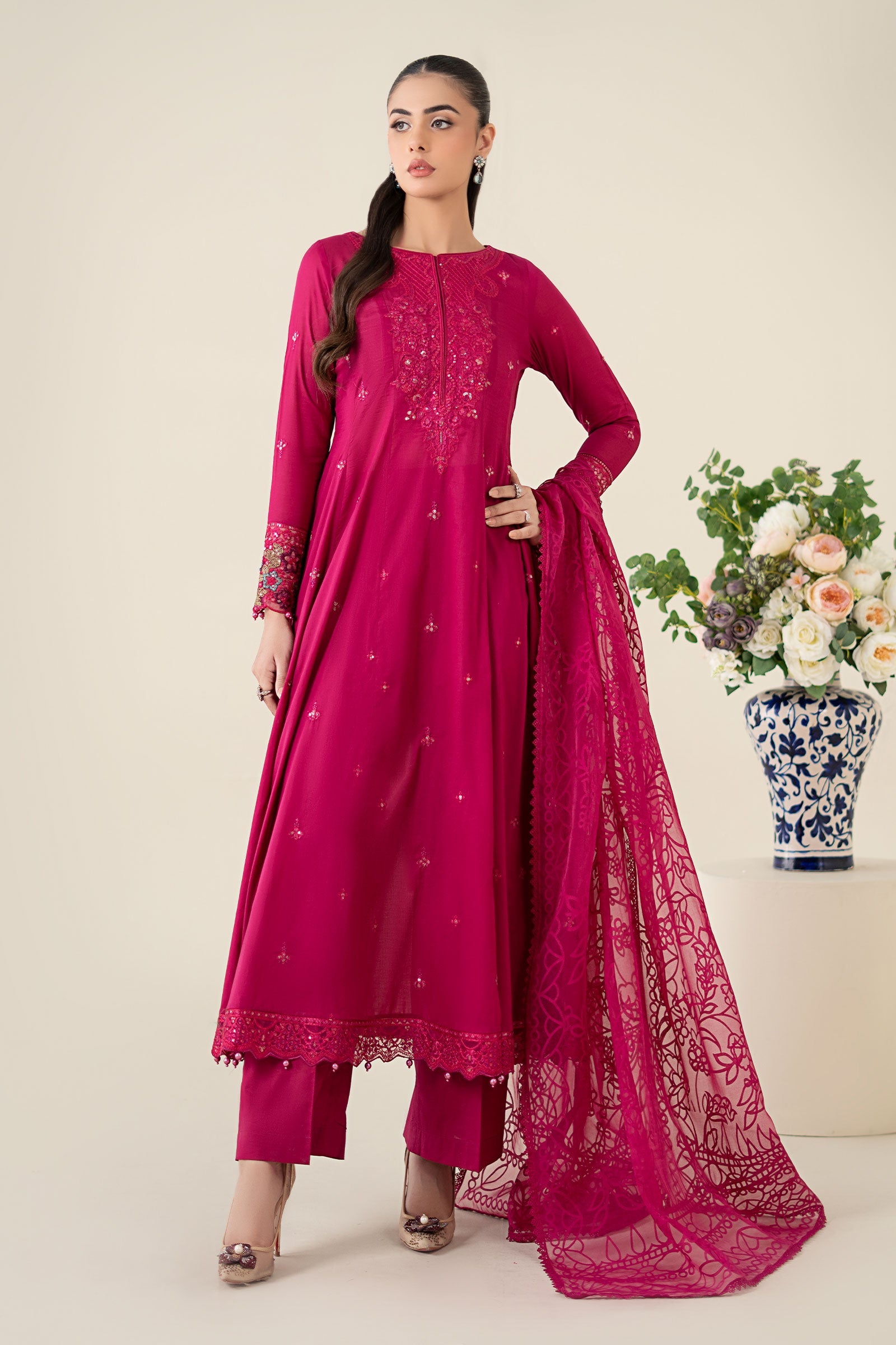 Pink Embroidered Lawn Frock Suit (3-Piece) - Image 1