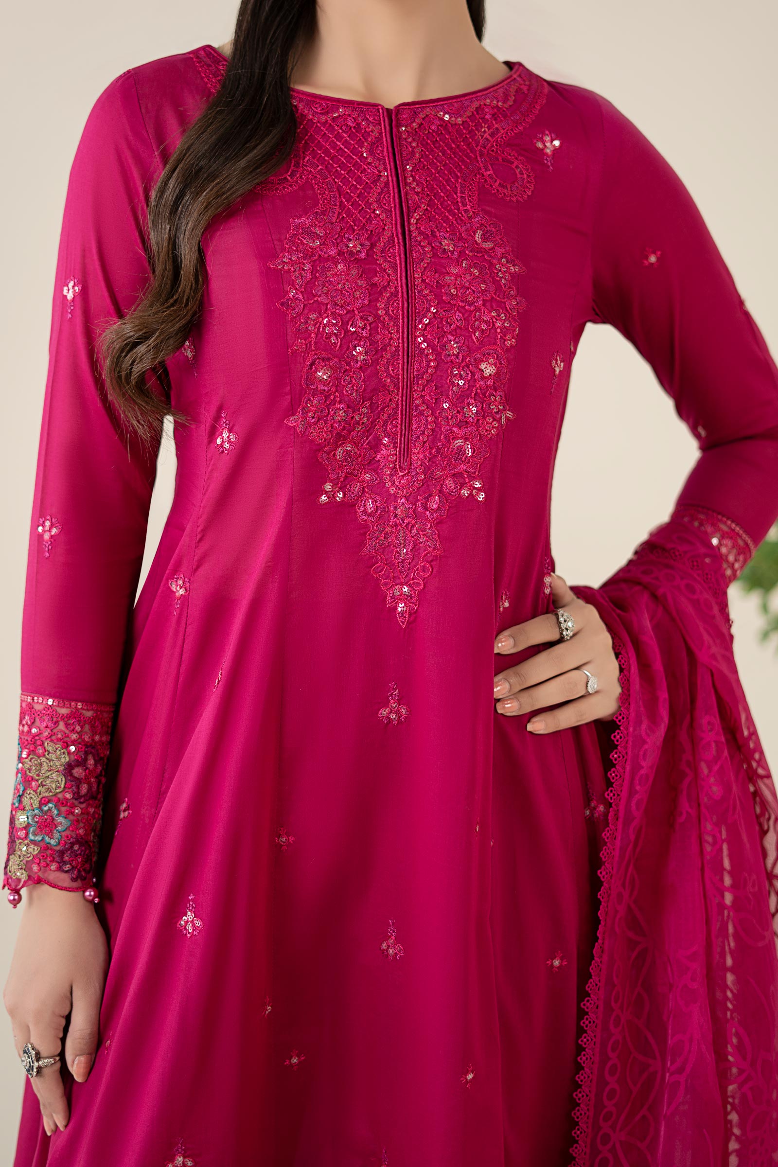 Pink Embroidered Lawn Frock Suit (3-Piece) - Image 3