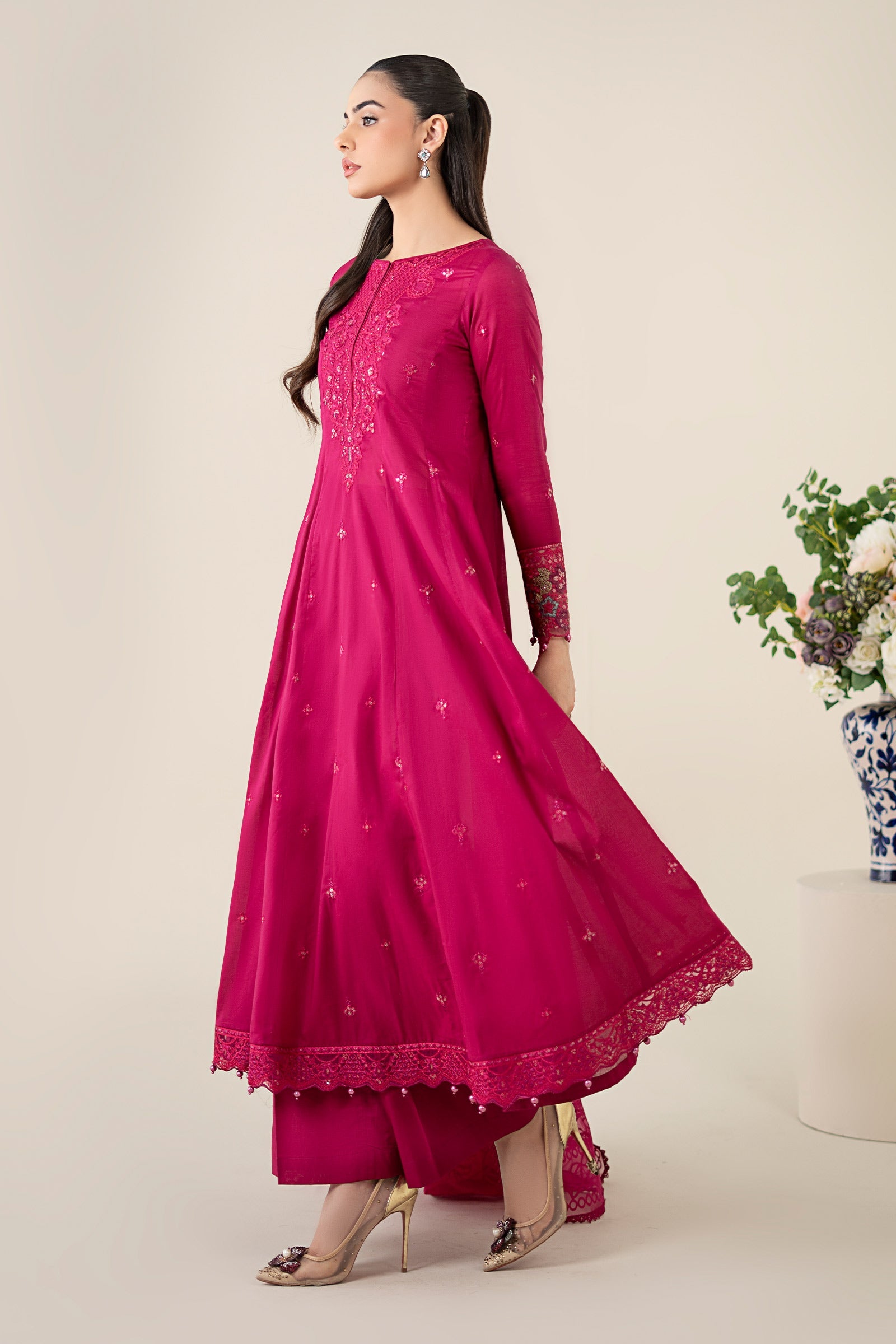 Pink Embroidered Lawn Frock Suit (3-Piece) - Image 5