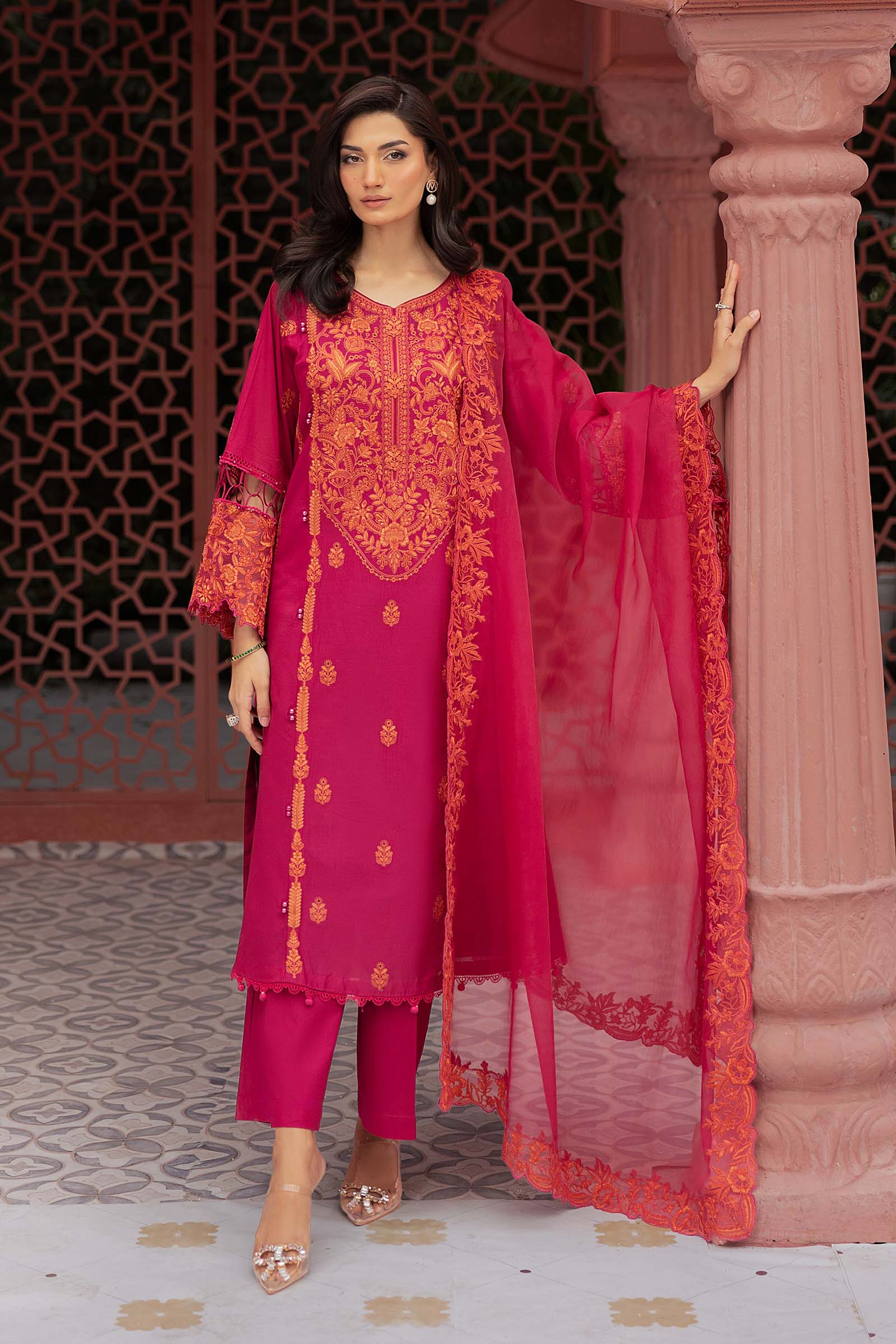 Pakistani Pink Embroidered Lawn Straight Panel Suit (3-Piece) - Image 1