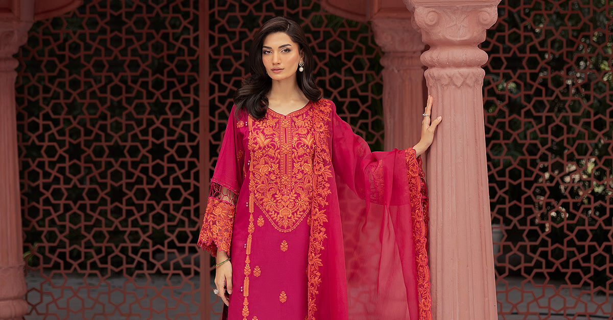 Pakistani Pink Embroidered Lawn Straight Panel Suit (3-Piece) - Image 12
