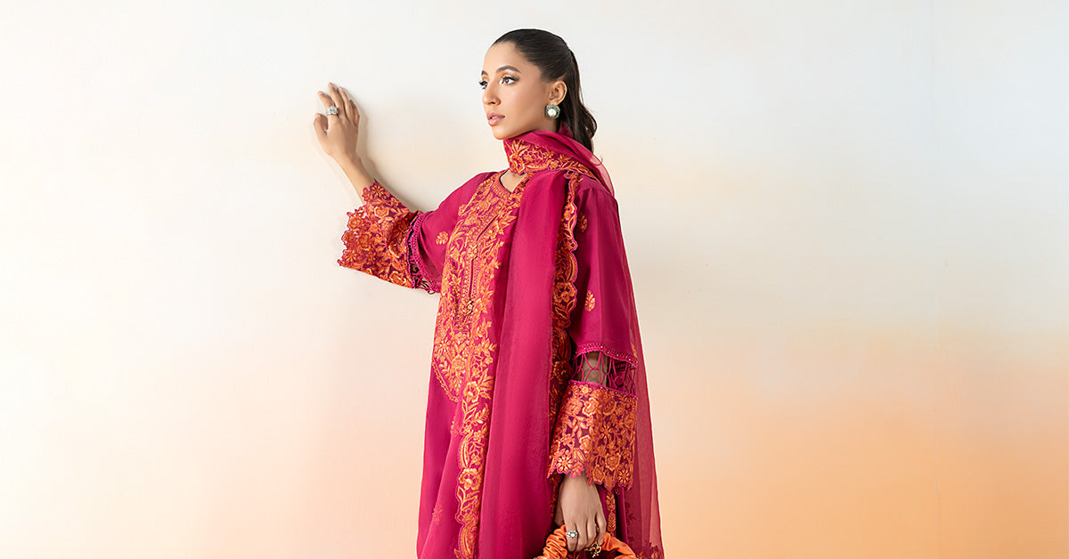 Pakistani Pink Embroidered Lawn Straight Panel Suit (3-Piece) - Image 13