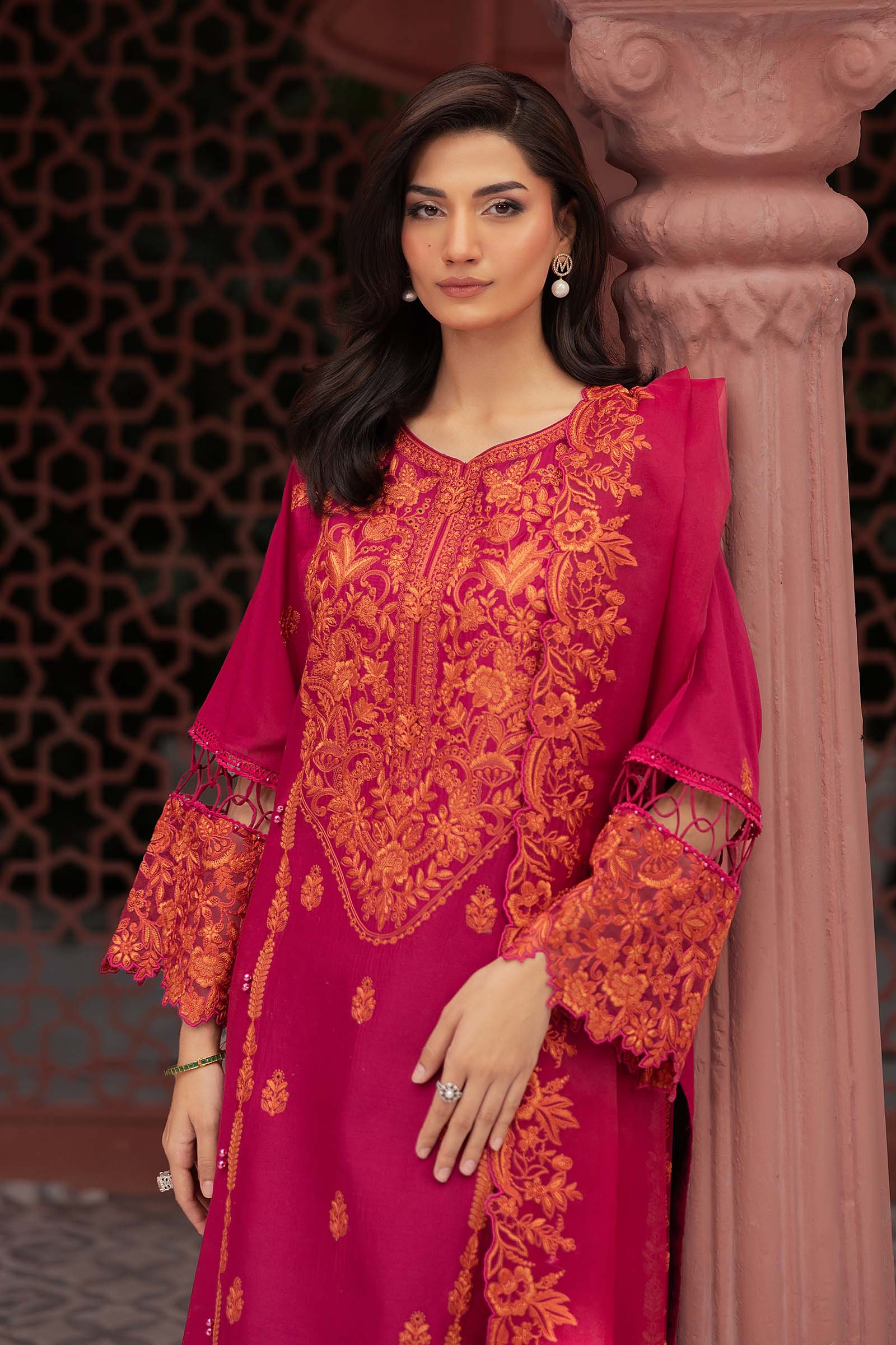 Pakistani Pink Embroidered Lawn Straight Panel Suit (3-Piece) - Image 3