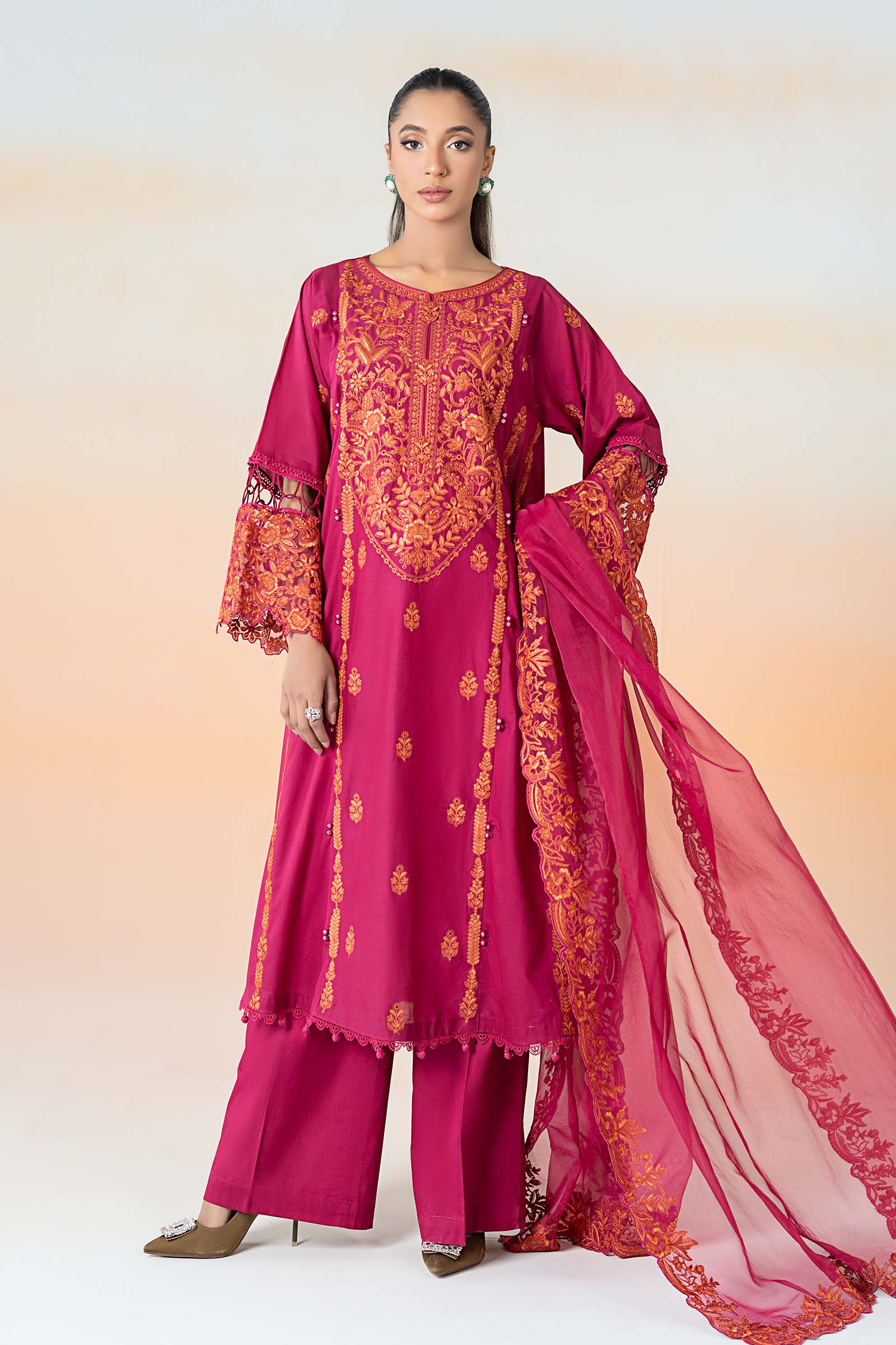 Pakistani Pink Embroidered Lawn Straight Panel Suit (3-Piece) - Image 5