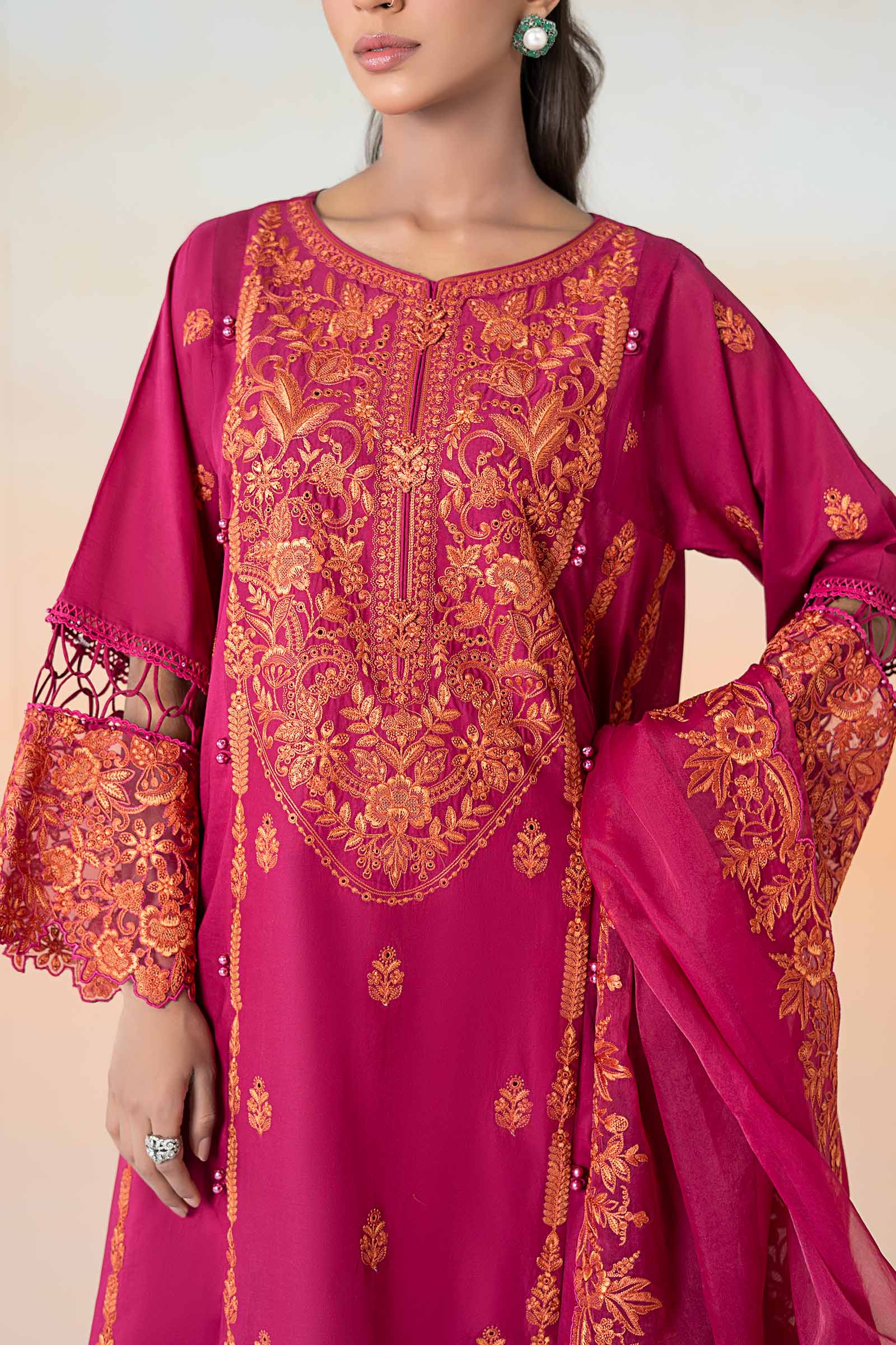 Pakistani Pink Embroidered Lawn Straight Panel Suit (3-Piece) - Image 8
