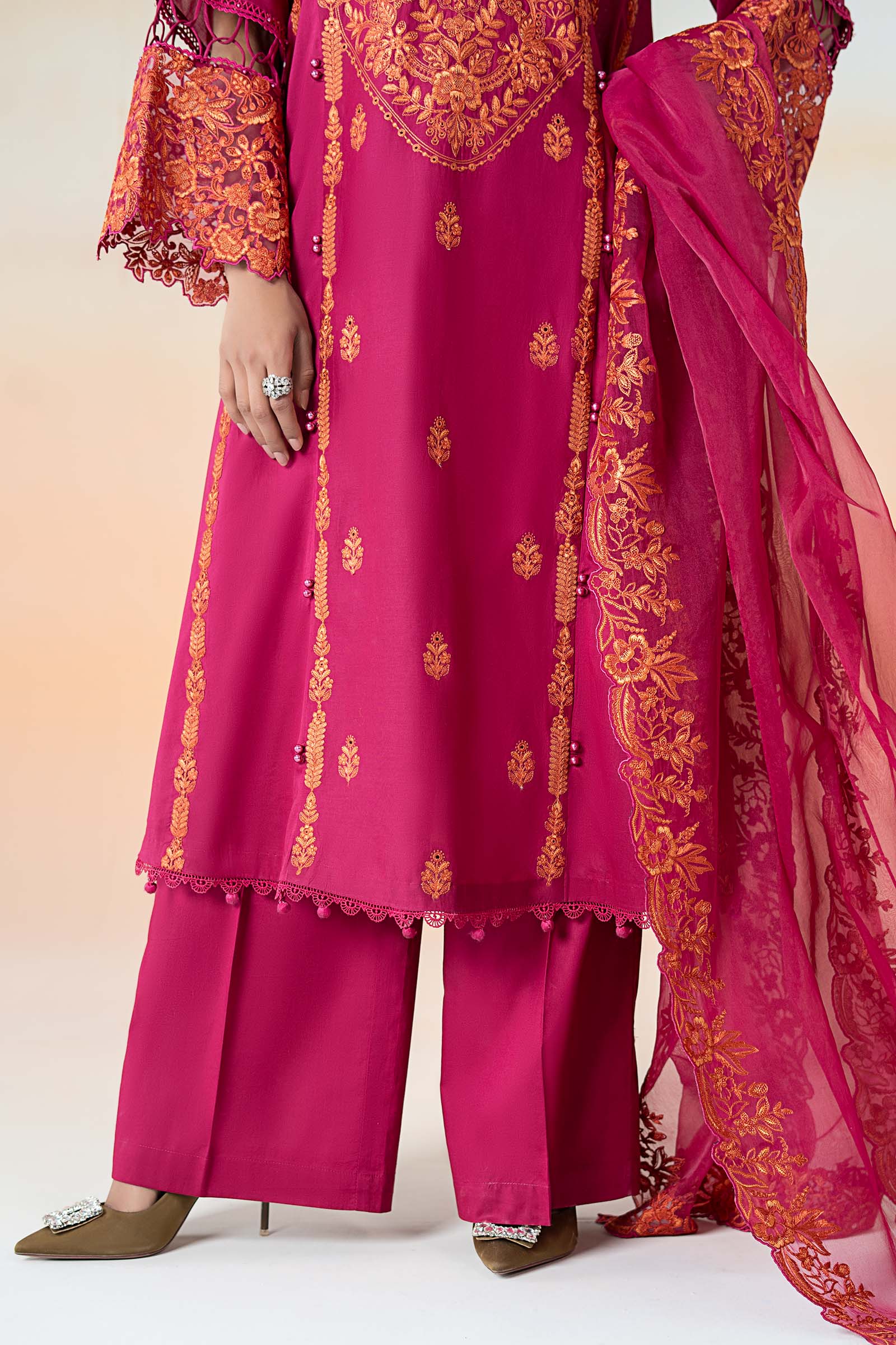 Pakistani Pink Embroidered Lawn Straight Panel Suit (3-Piece) - Image 9