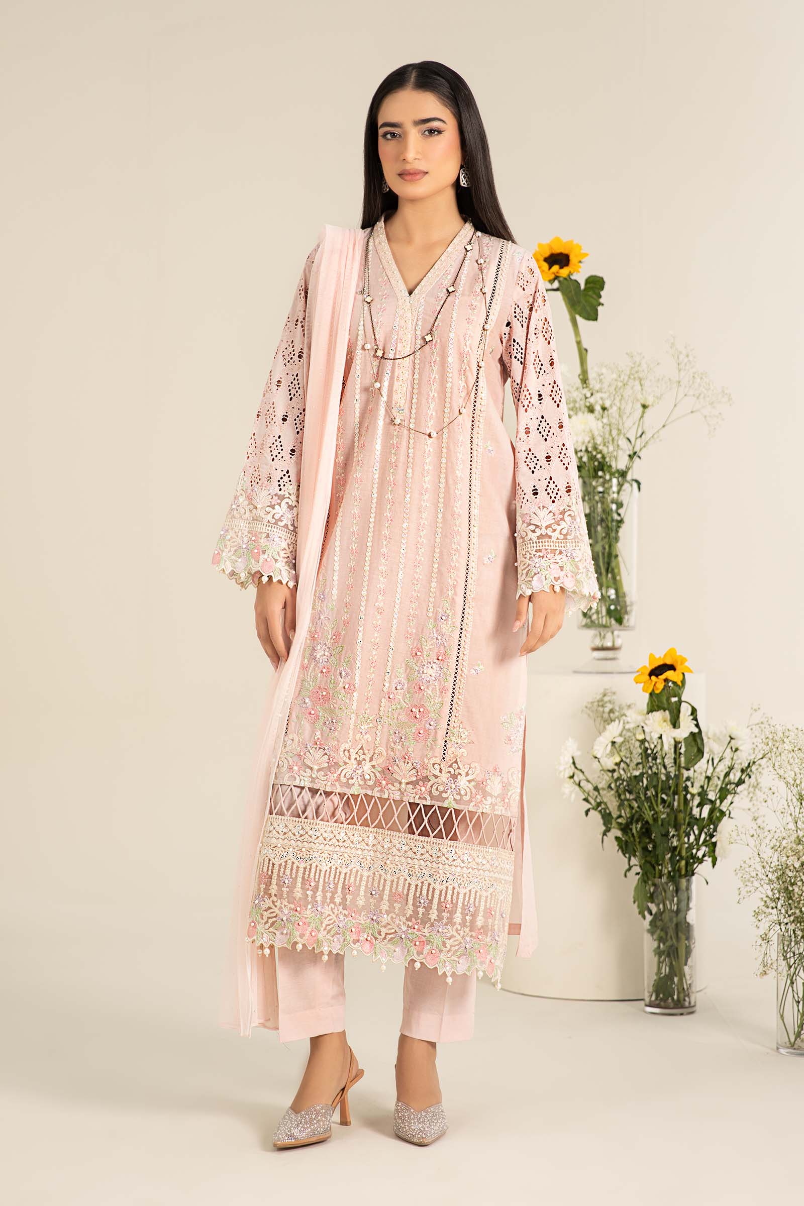 Pastel Pink Embroidered Lawn Salwar Kameez (3-Piece) - Image 1