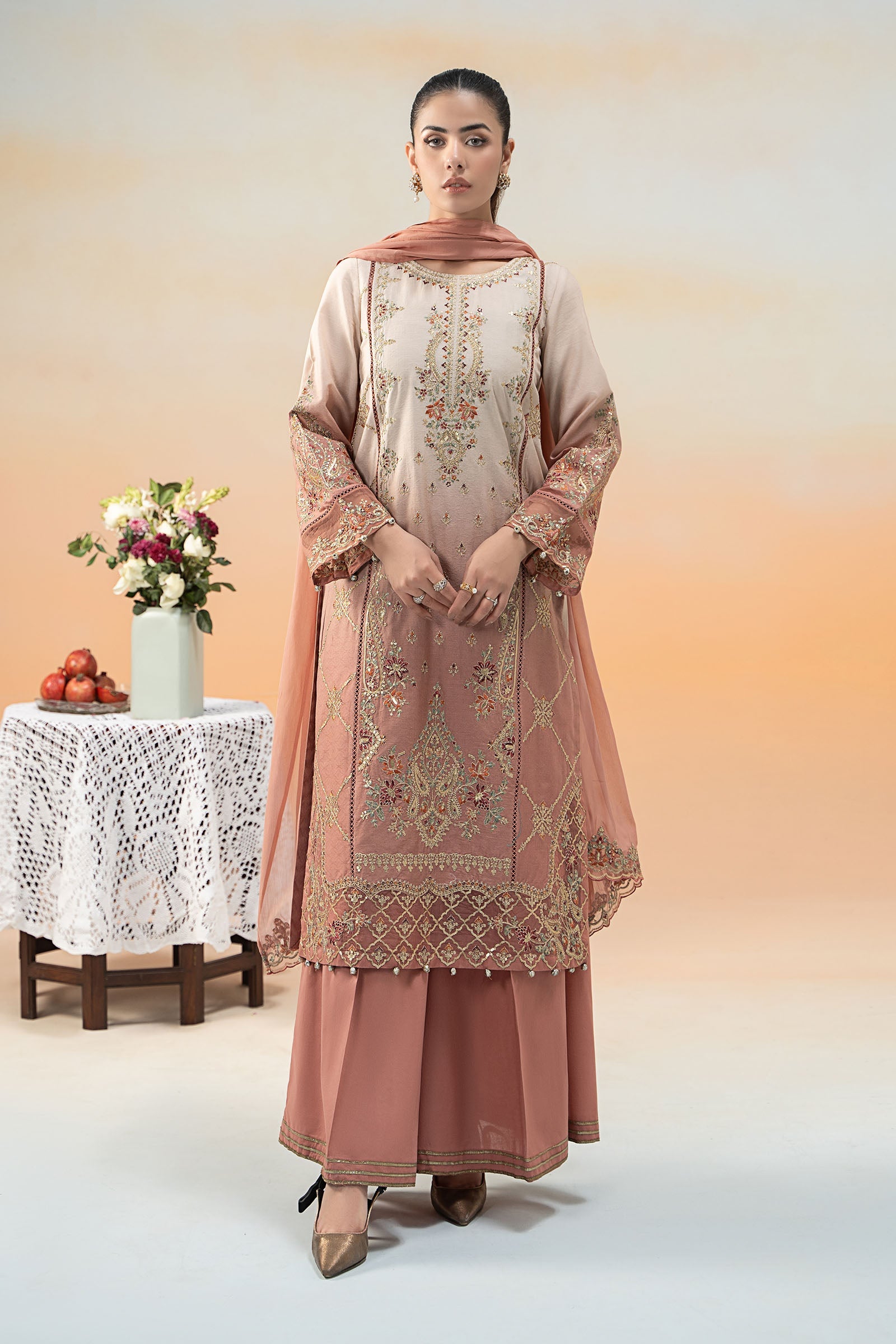 Pakistani Pink Embroidered Self Jacquard Lawn 3-Piece Suit - Image 1