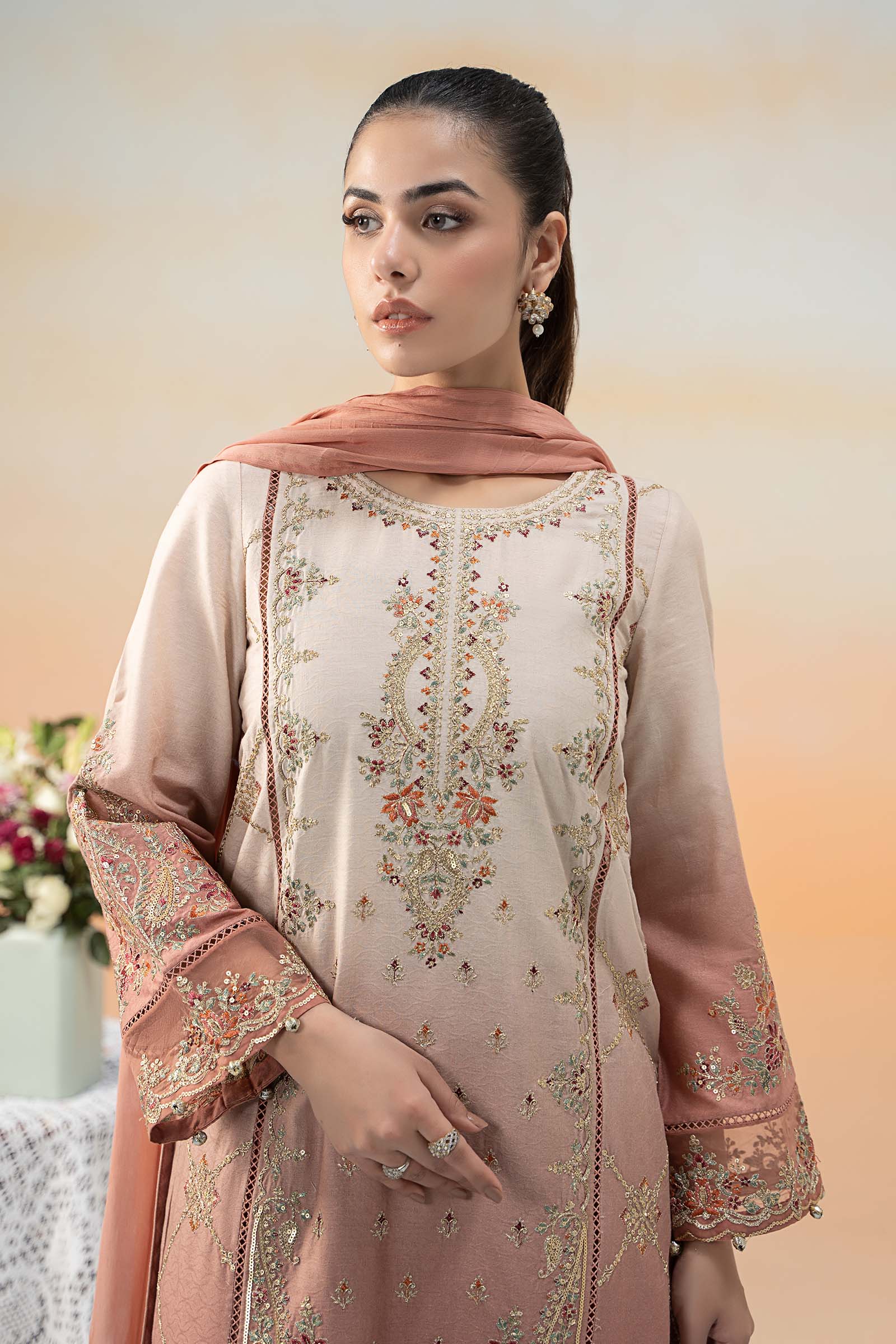 Pakistani Pink Embroidered Self Jacquard Lawn 3-Piece Suit - Image 2