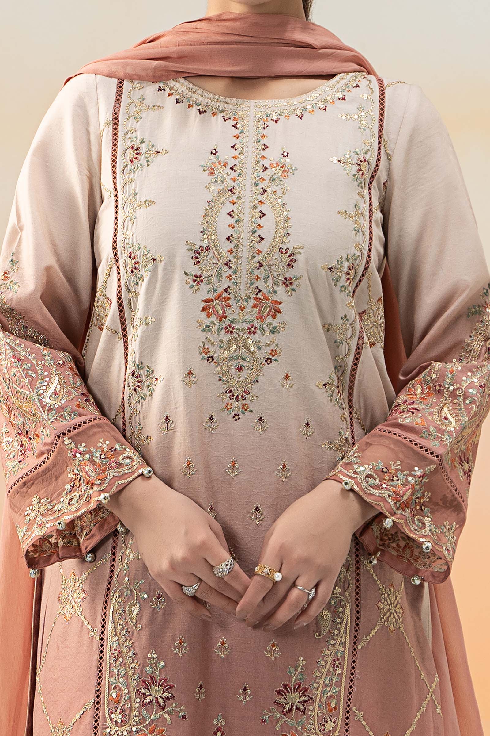 Pakistani Pink Embroidered Self Jacquard Lawn 3-Piece Suit - Image 4