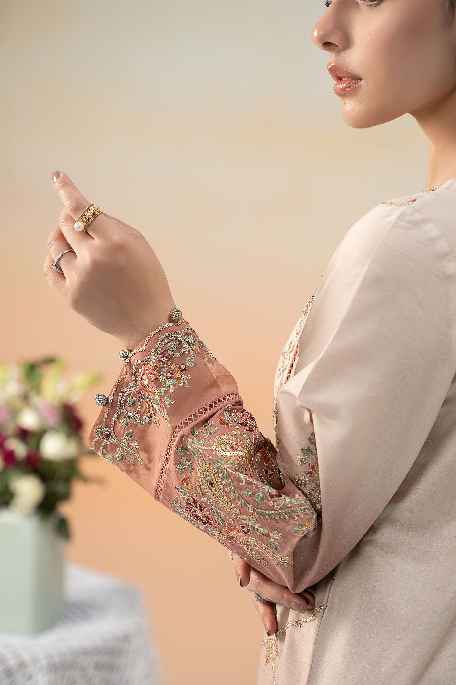 Pakistani Pink Embroidered Self Jacquard Lawn 3-Piece Suit - Image 5