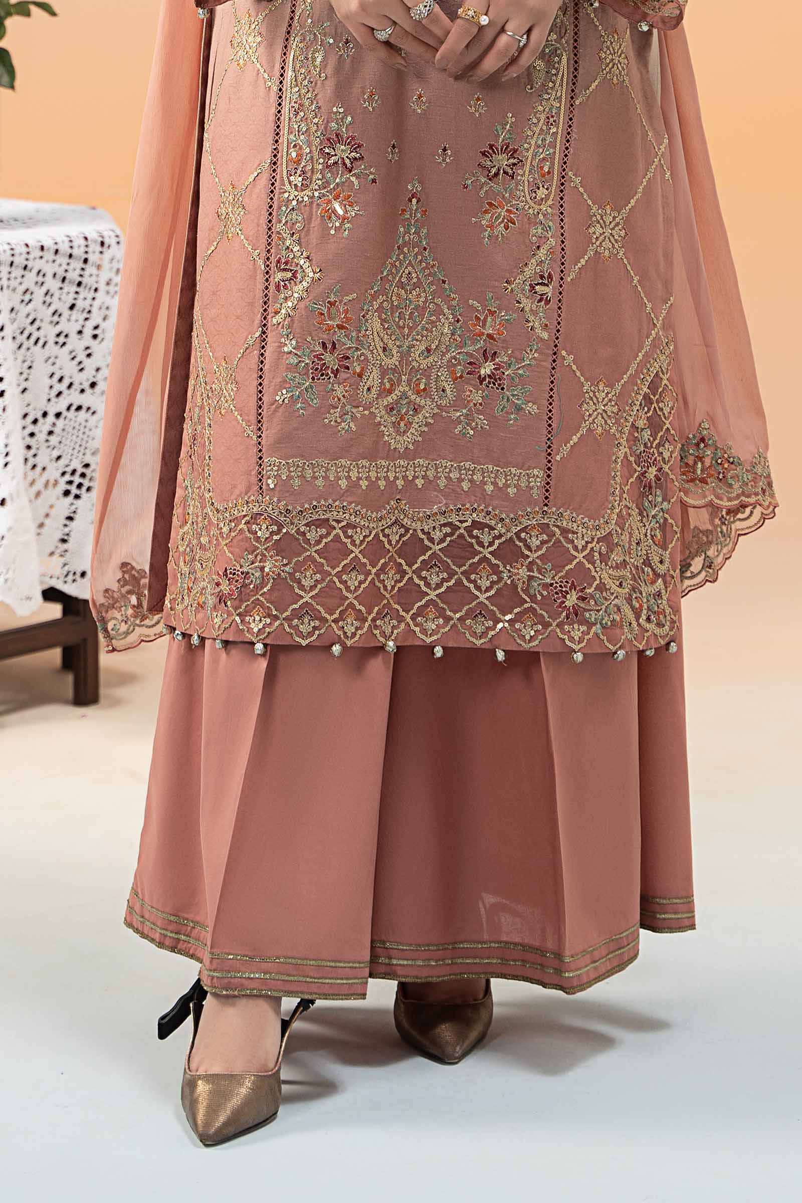 Pakistani Pink Embroidered Self Jacquard Lawn 3-Piece Suit - Image 6