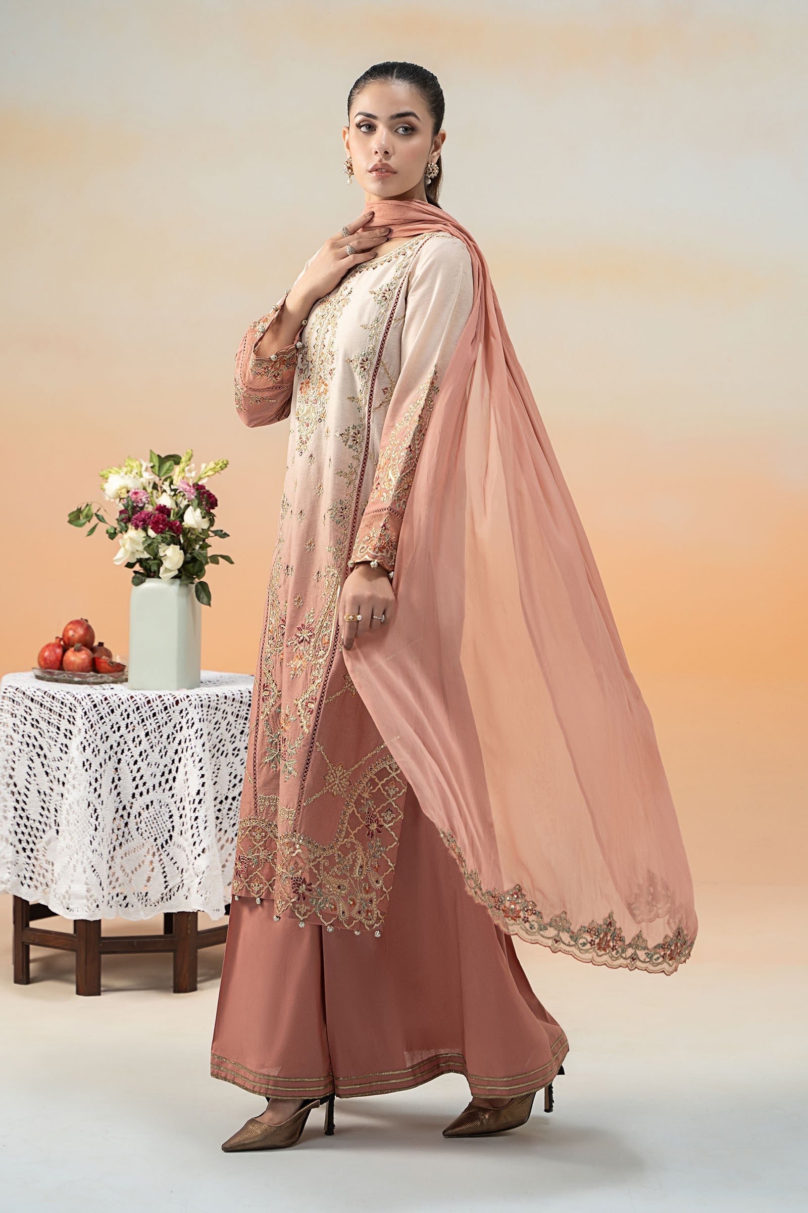 Pakistani Pink Embroidered Self Jacquard Lawn 3-Piece Suit - Image 7