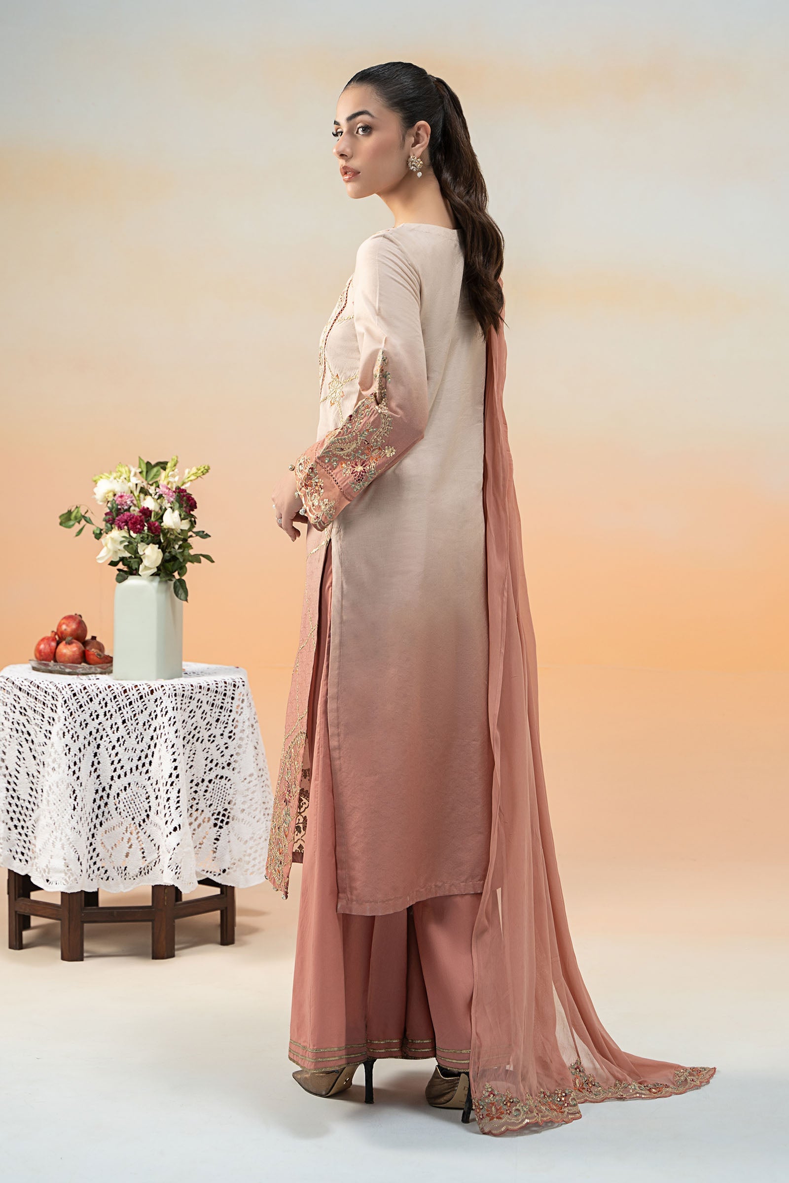 Pakistani Pink Embroidered Self Jacquard Lawn 3-Piece Suit - Image 8