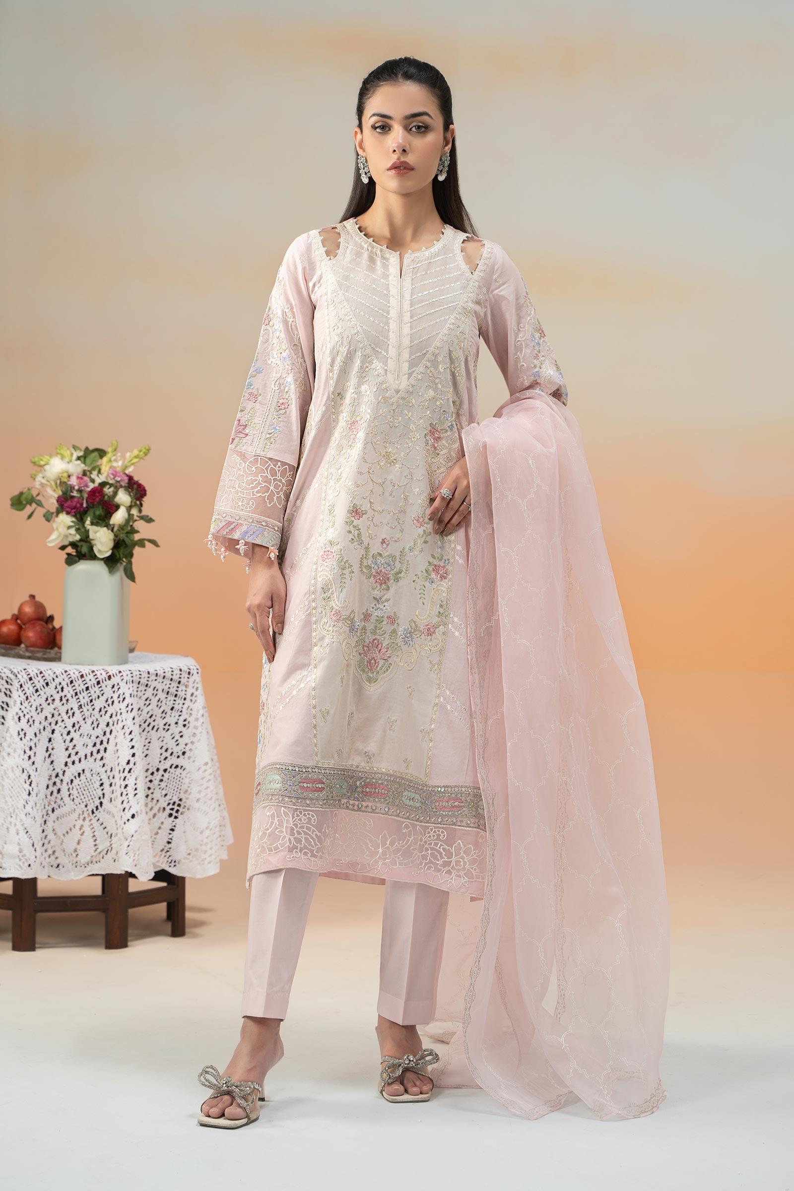 Pakistani Pastel Pink Embroidered Lawn & Organza Suit (3-Piece) - Image 1