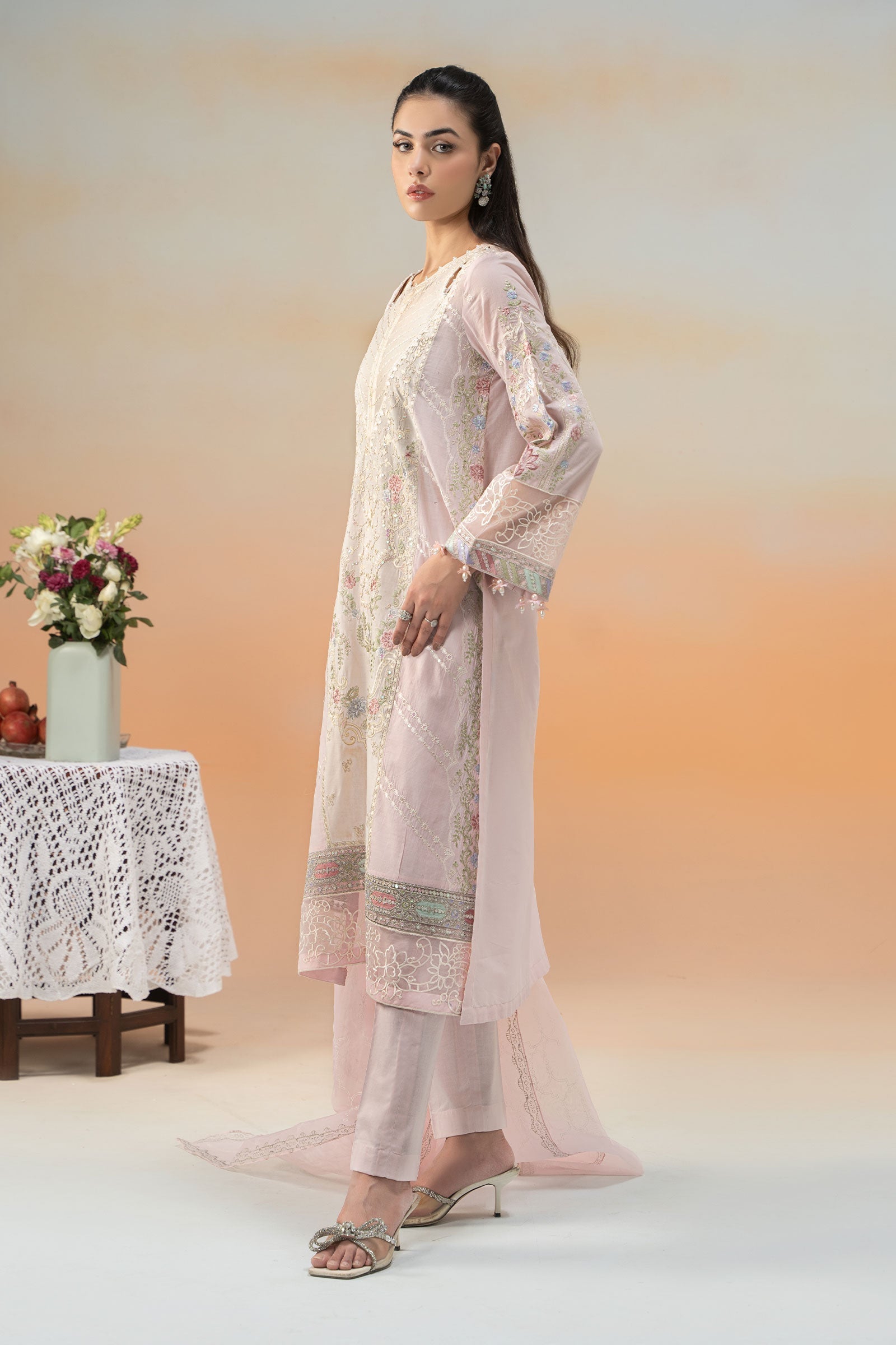Pakistani Pastel Pink Embroidered Lawn & Organza Suit (3-Piece) - Image 5