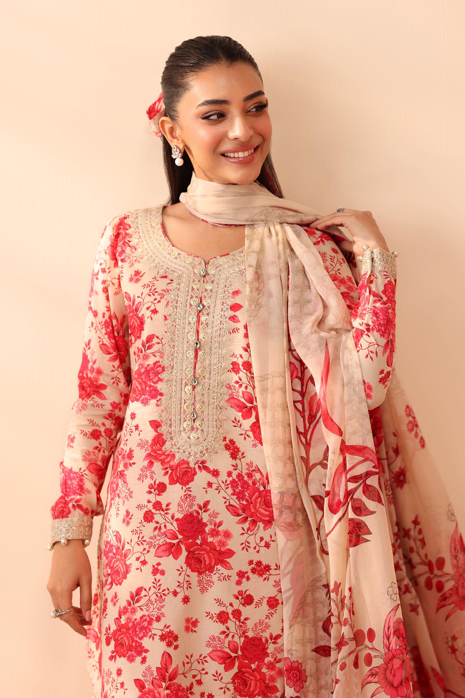 Pink Embroidered Lawn & Cambric Salwar Kameez (3-Piece) - Image 3