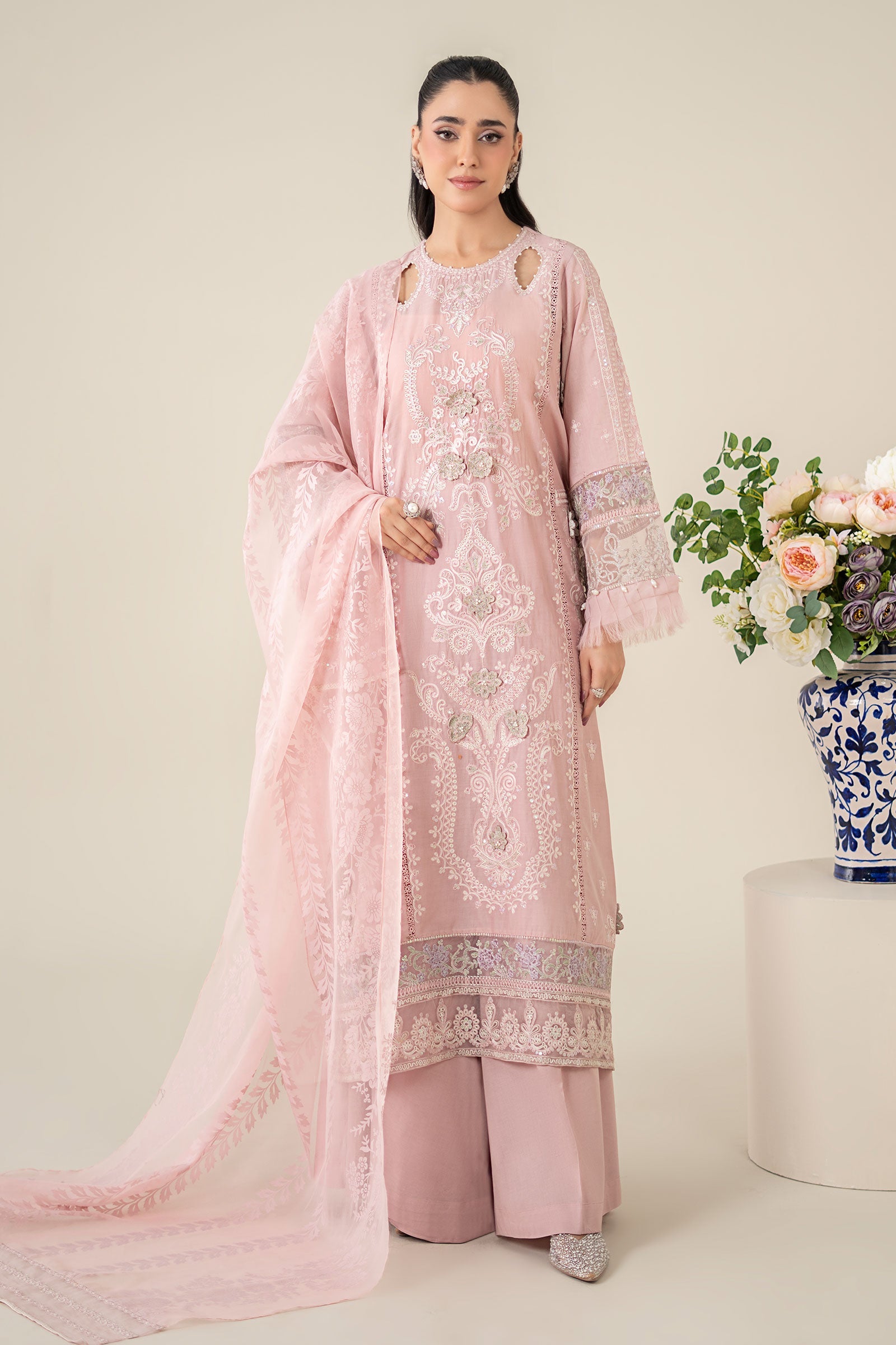 Pink Embroidered Lawn Straight-Cut Suit (3-Piece) - Image 1