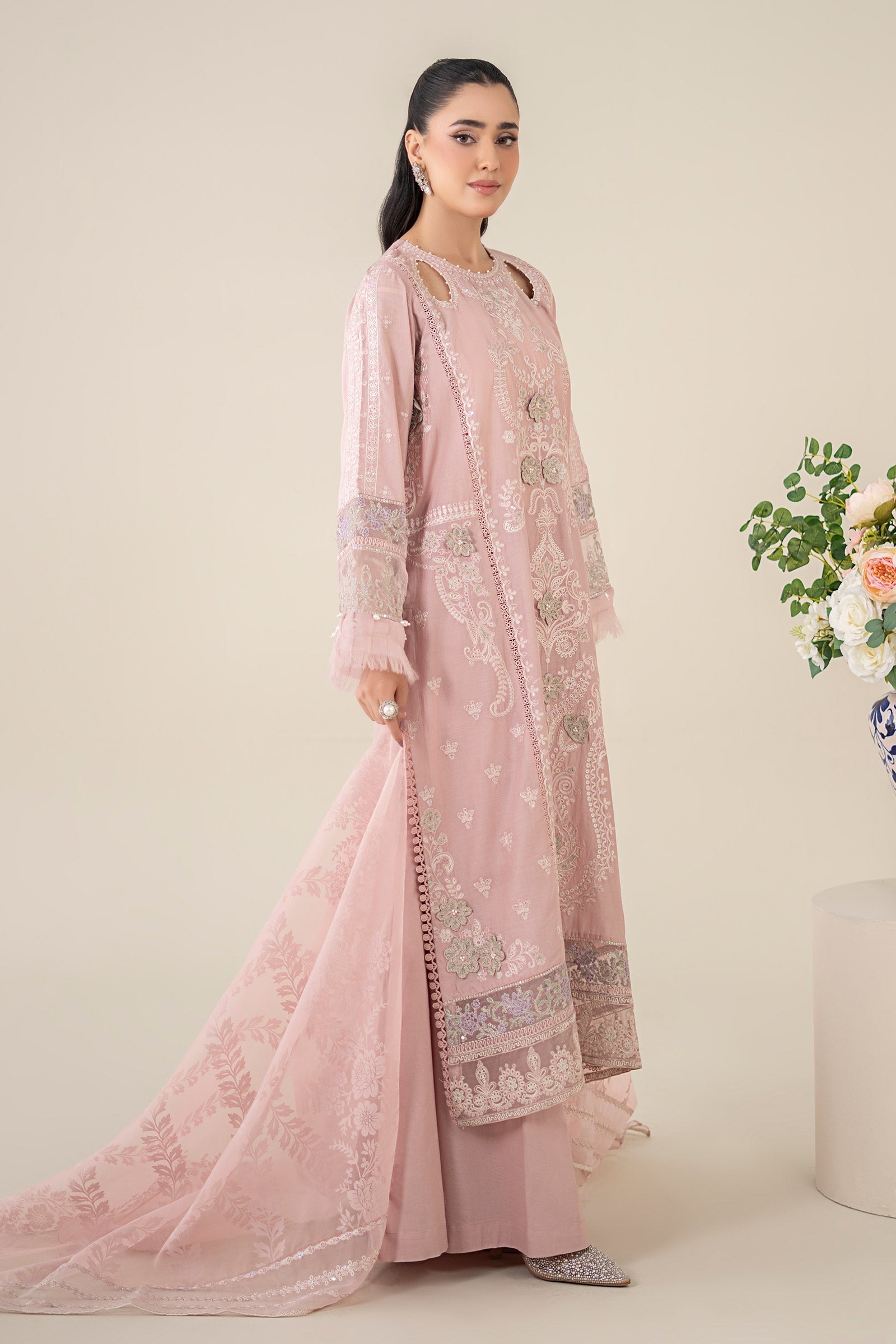 Pink Embroidered Lawn Straight-Cut Suit (3-Piece) - Image 6